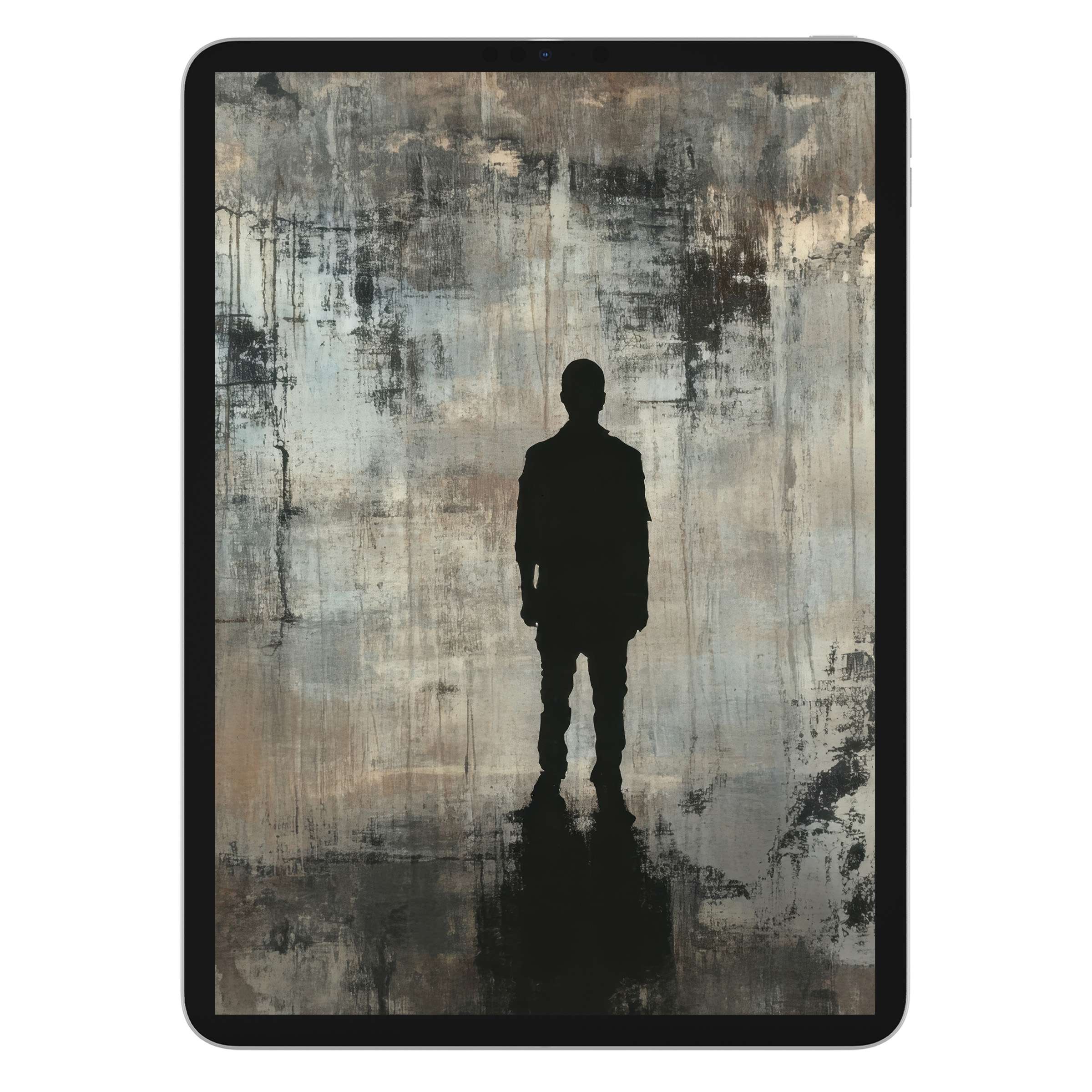 Street art iPad wallpaper featuring a silhouette against a textured urban background digital download for tablet elegance and calm