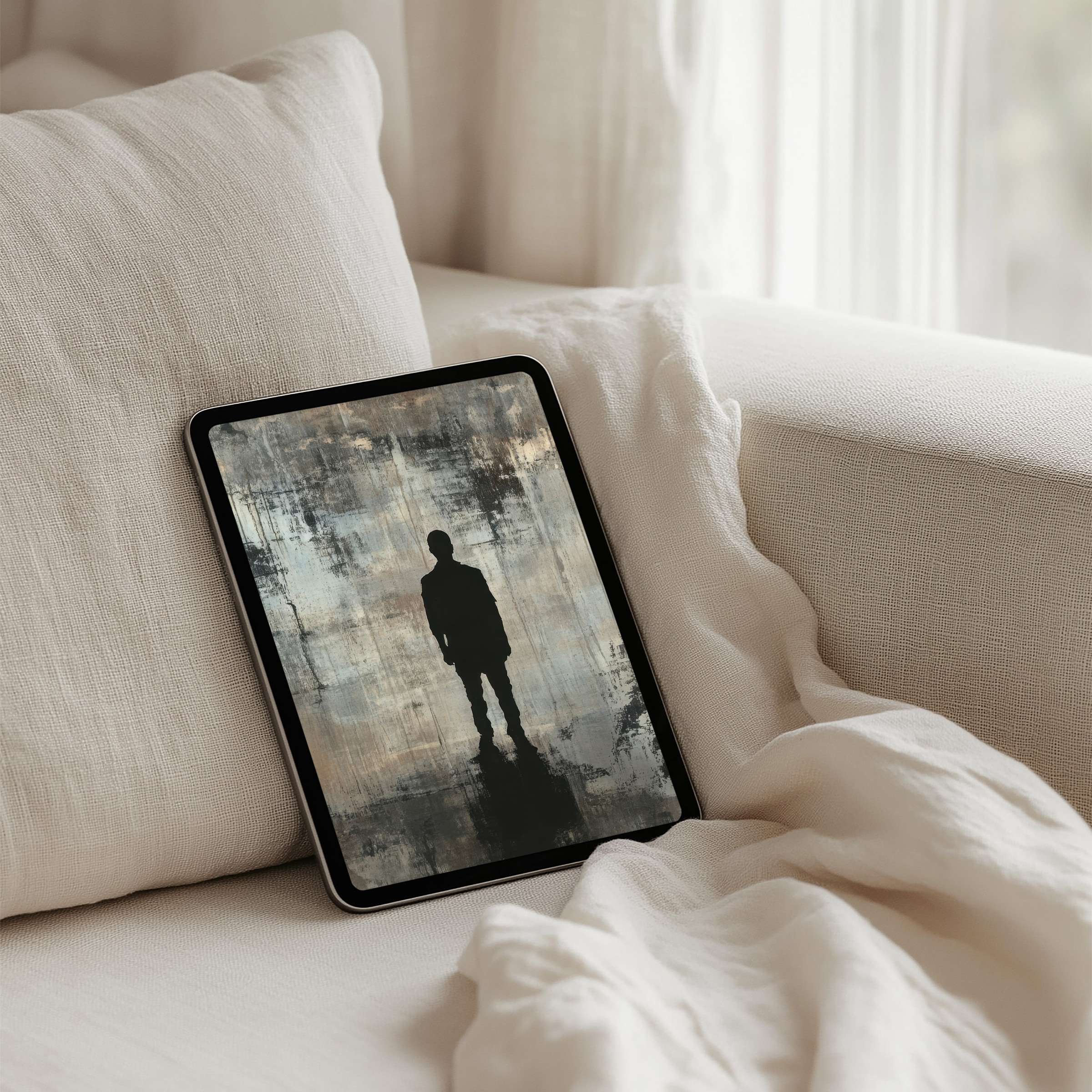 Calming abstract silhouette painting iPad background on a softly textured sofa inspires mindfulness, available for instant download on tablet