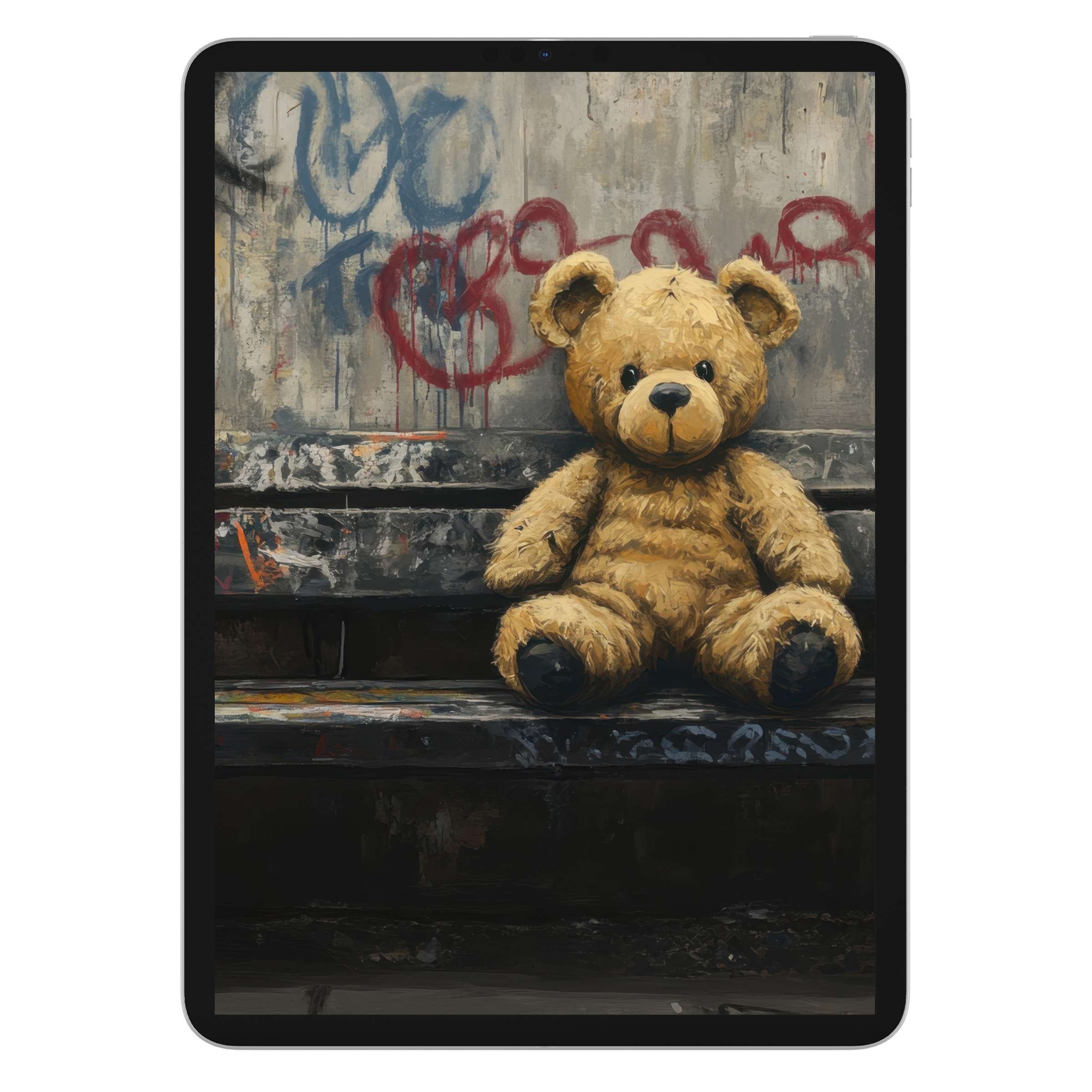 Street art iPad wallpaper showcasing a teddy bear against a textured graffiti backdrop, ideal digital download for tablet background elegance