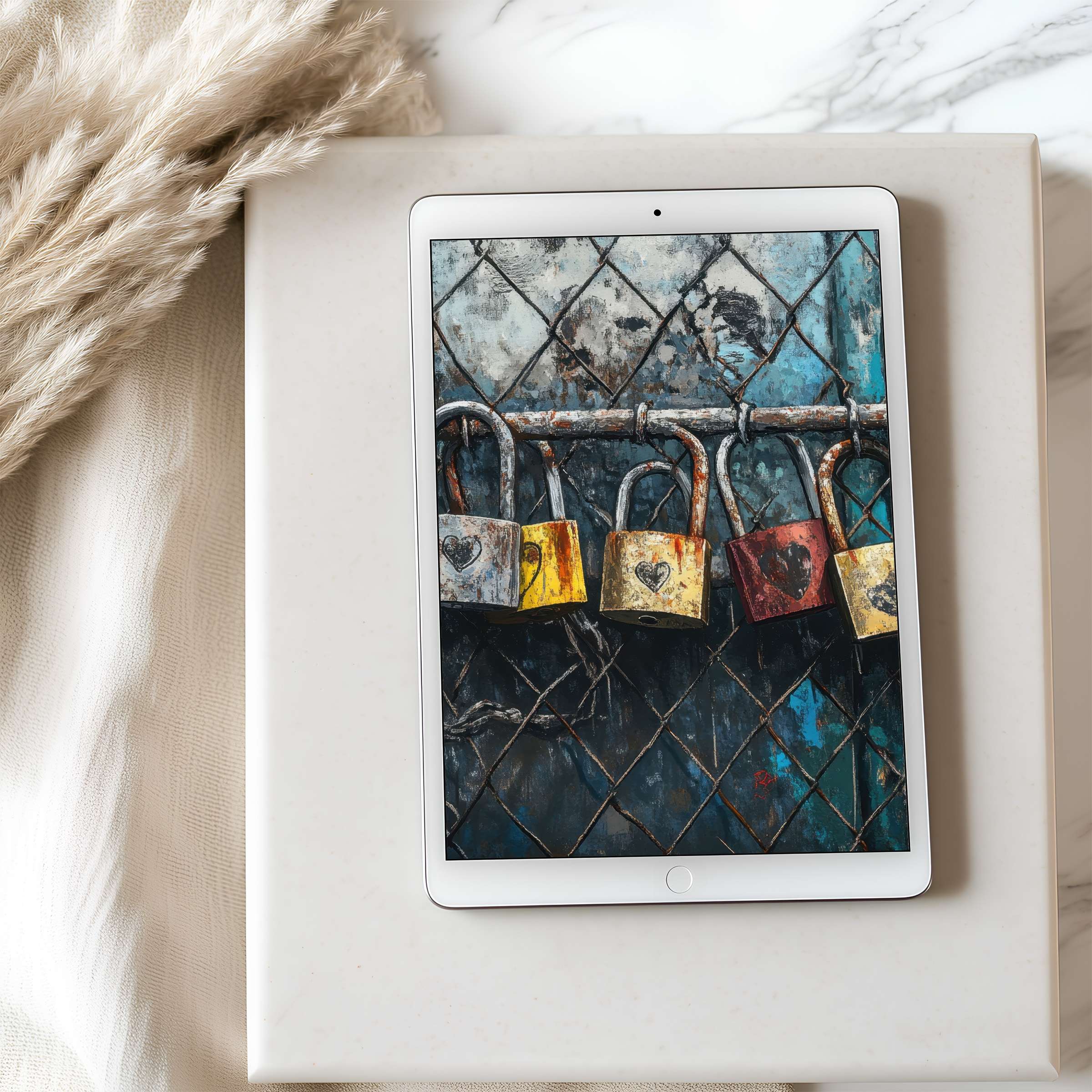 Elegant tablet wallpaper featuring a chain of colorful heart padlocks against a textured backdrop perfect for iPad downloads