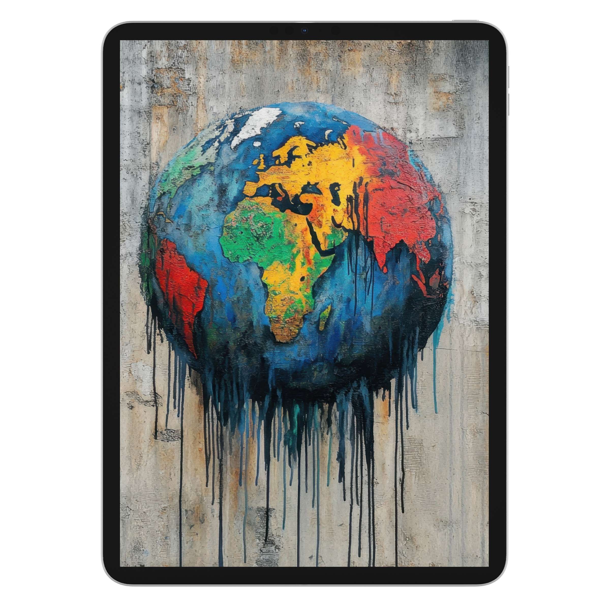 Vibrant street art iPad wallpaper showcasing a colorful, drippy globe on a textured mural background ideal for digital download tablet use
