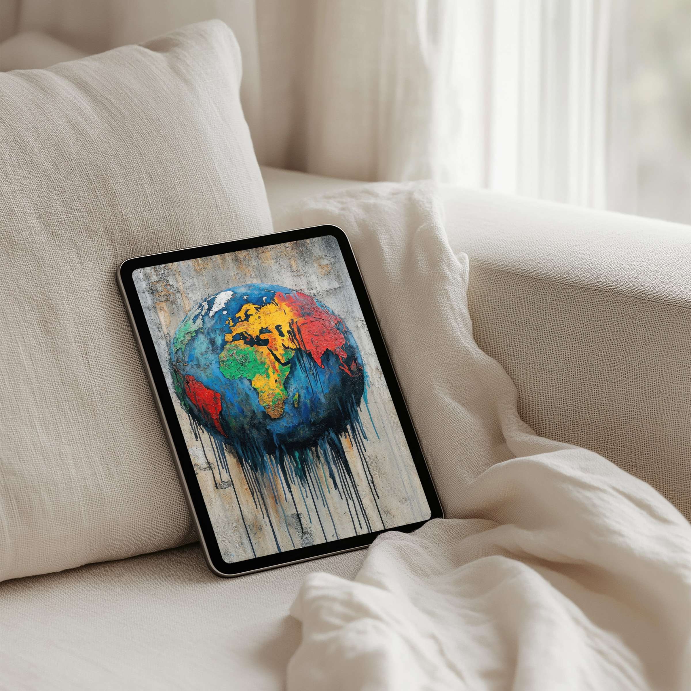 Colorful abstract globe art enhances tranquility on an iPad background for instant download, perfect for tablet users seeking inspiration