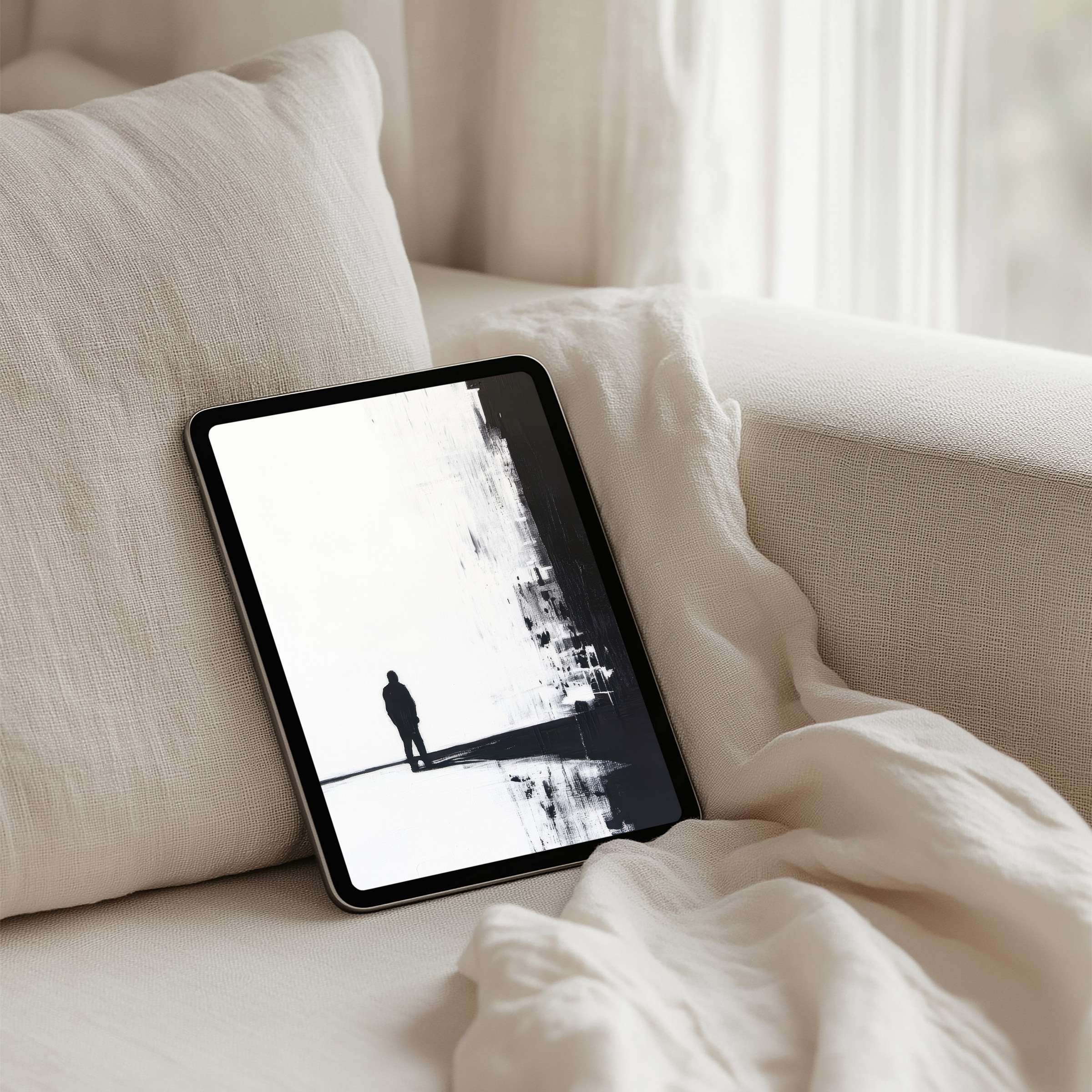 Elegant monochrome iPad background on a tablet offers instant download for mindfulness and inspiration in calm, textured interiors