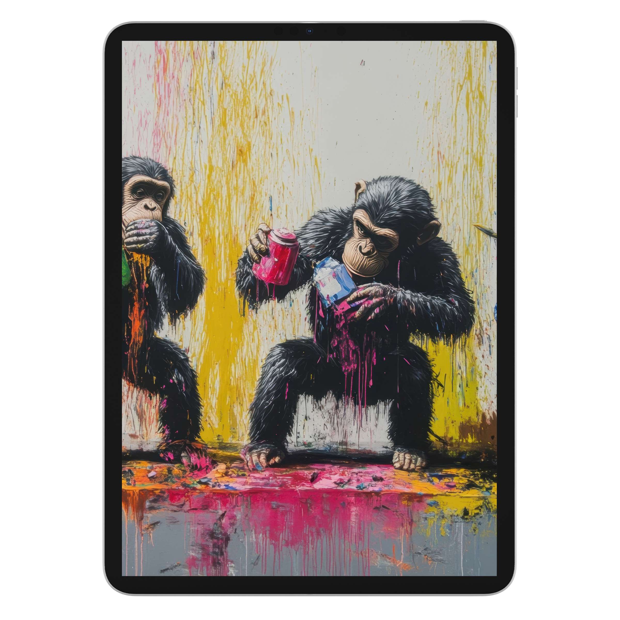 Colorful street art iPad wallpaper featuring playful monkeys with paint cans digital download perfect tablet background for vibrancy