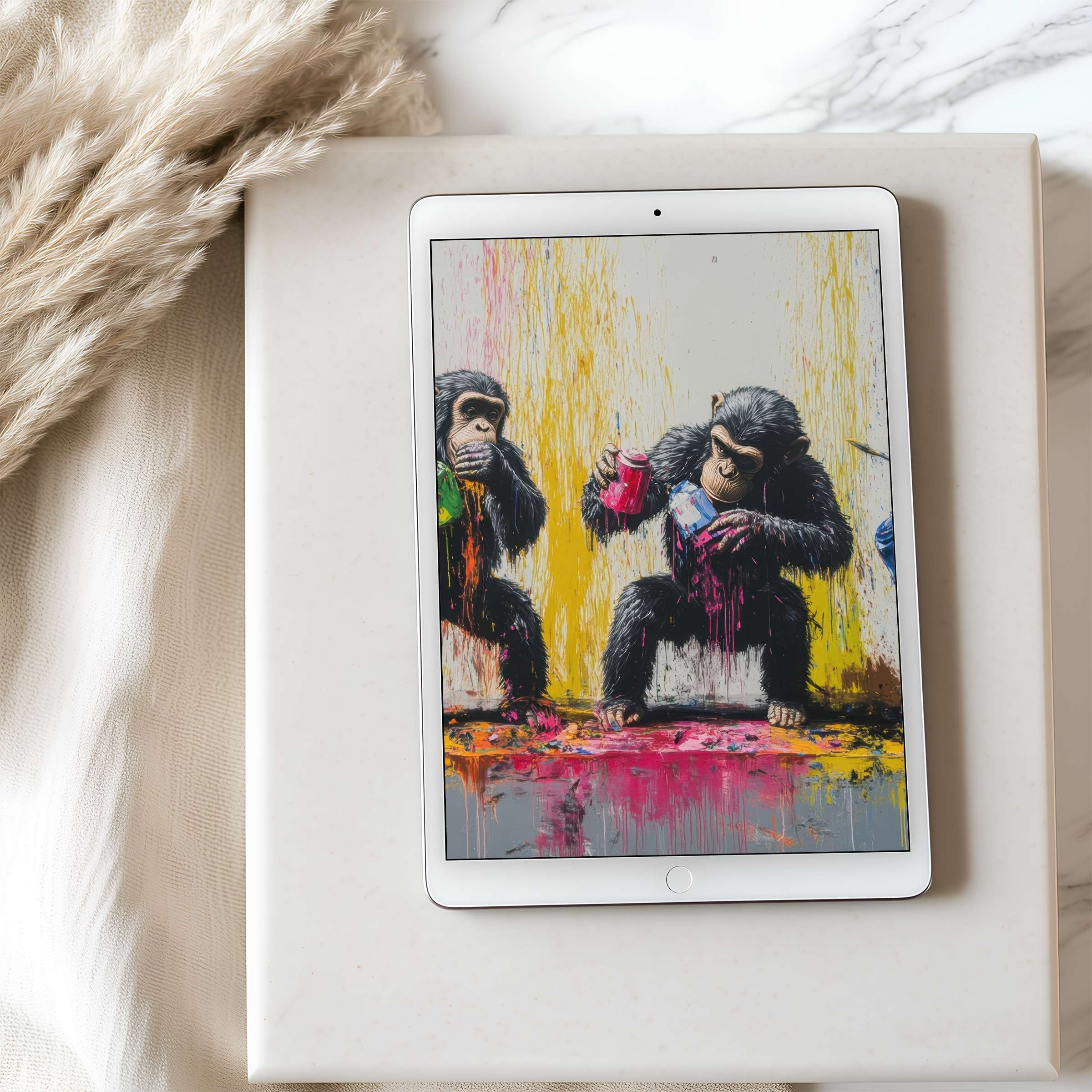 Vibrant monkey motif tablet wallpaper, perfect for iPad or Android, elevates serenity with high resolution digital download amid elegance