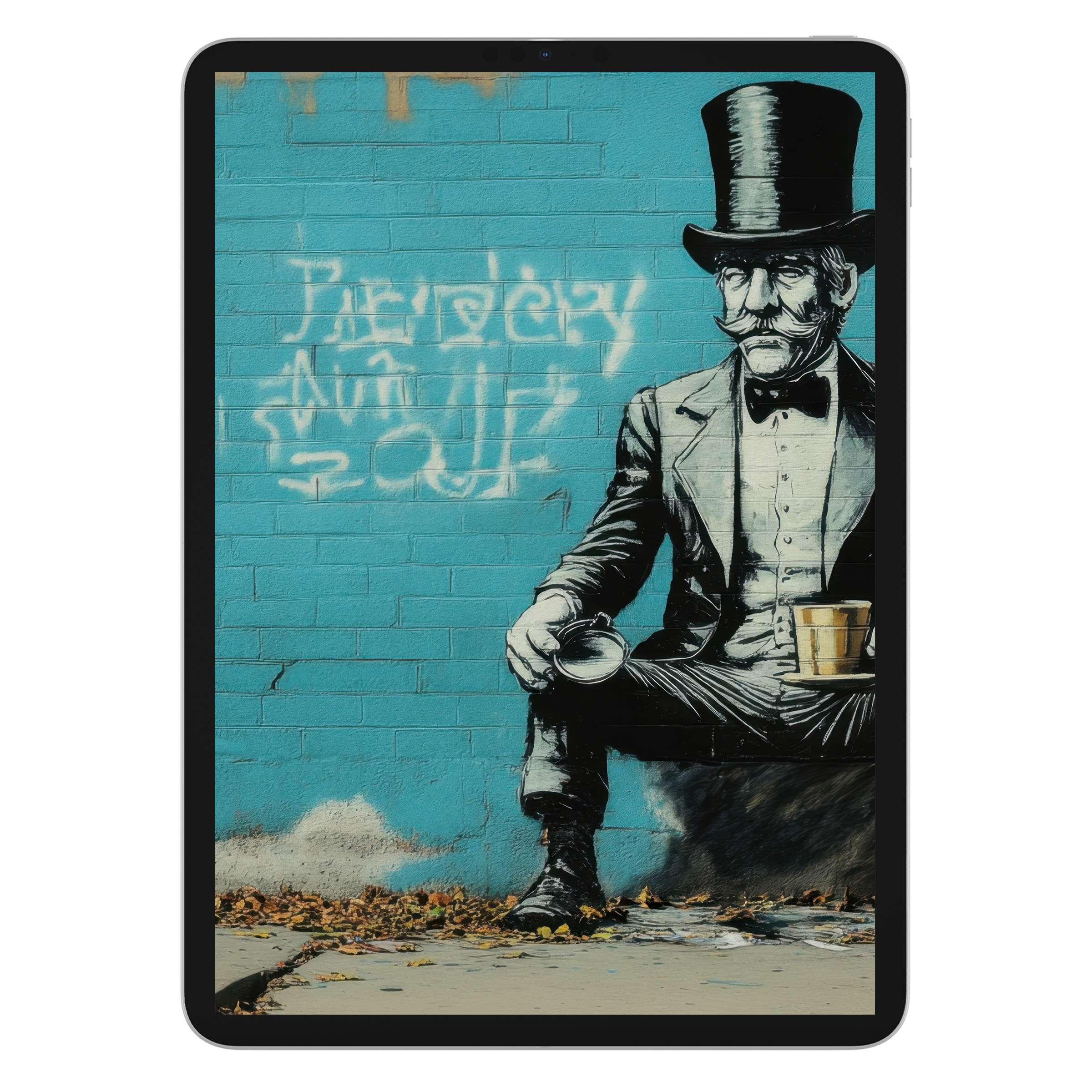 Street art iPad wallpaper digital download featuring vintage gentleman on teal brick wall offers inspiring tablet background for calm design