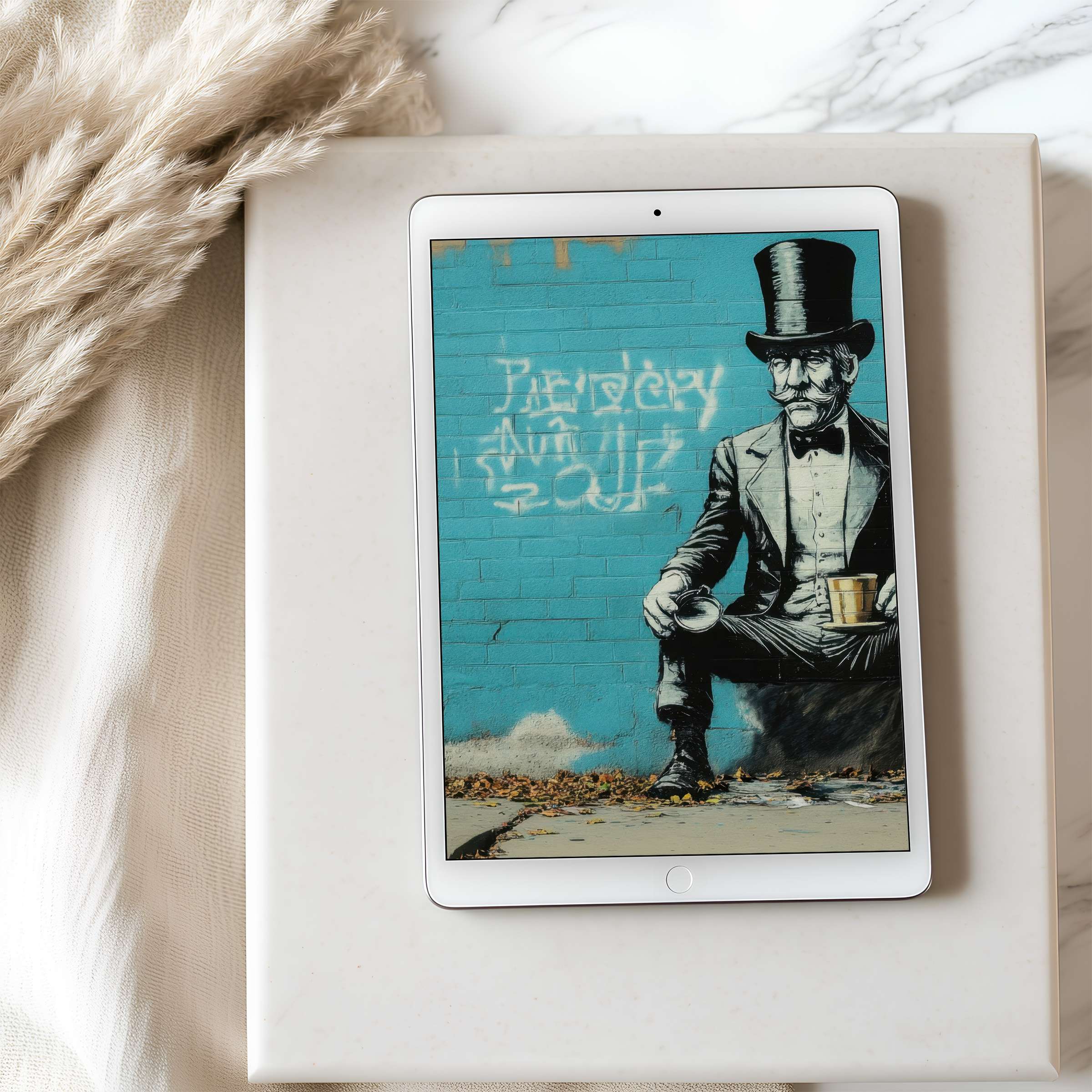 Elegant high-resolution graffiti art tablet wallpaper featuring a blue brick wall with urban motif suitable for iPad and Android