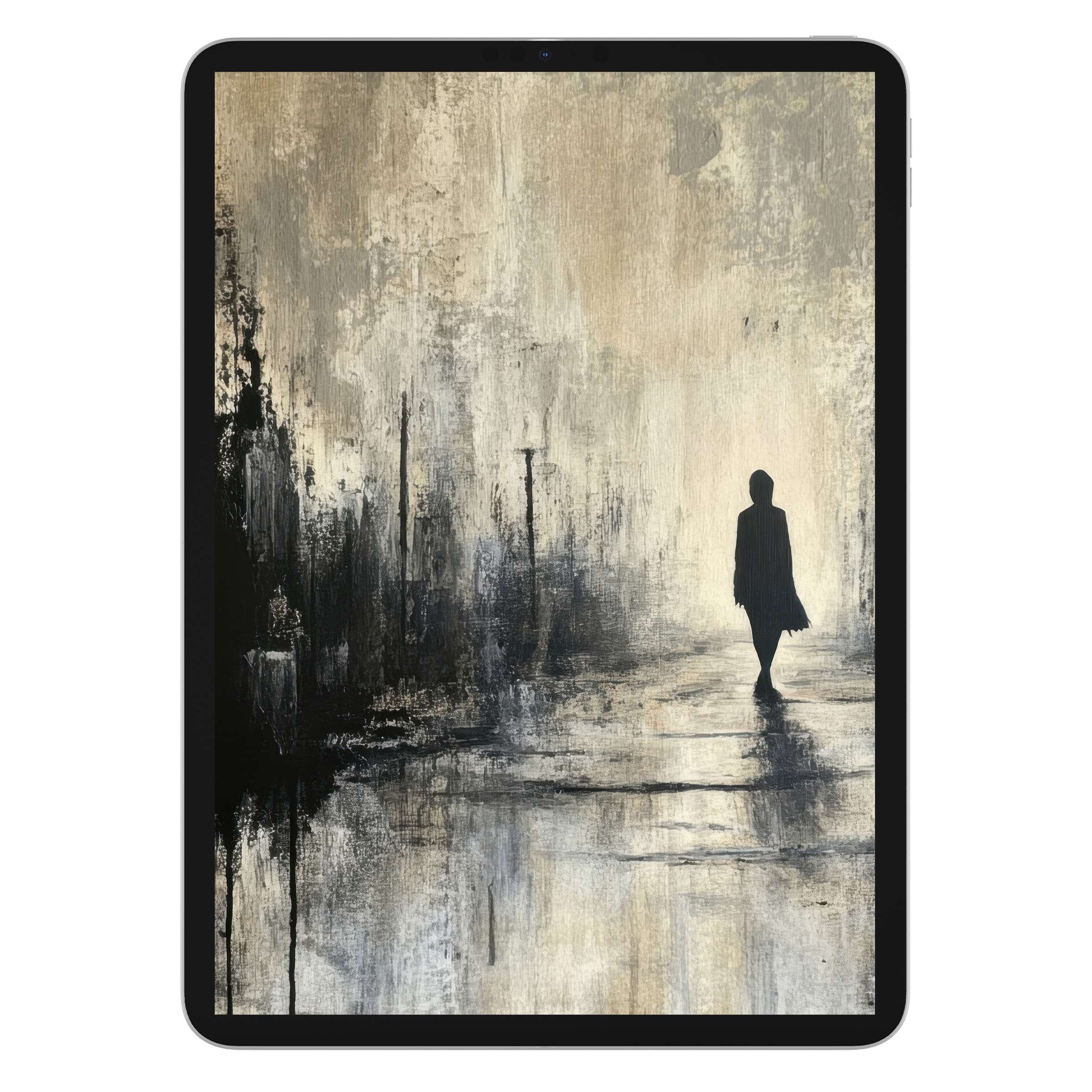 Elegant street art iPad wallpaper with serene figure in abstract texture, available as digital download for tablet background