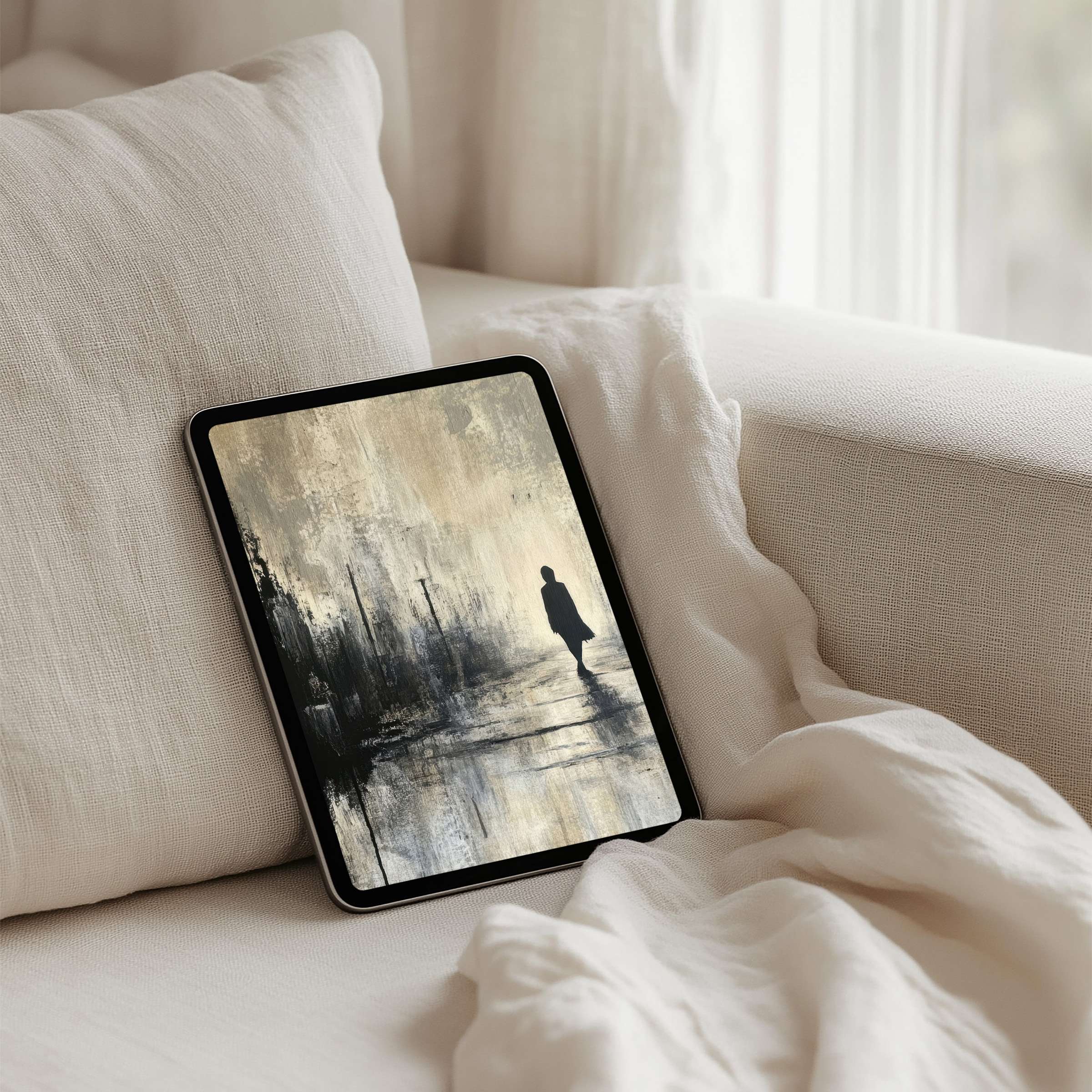 Elegant abstract iPad background depicting a serene silhouette on canvas with instant download fit for any tablet device