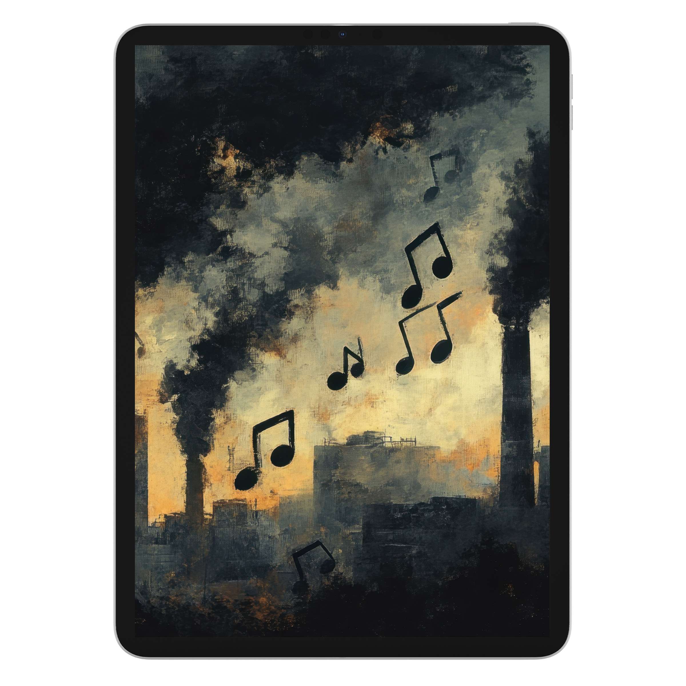 Street art iPad wallpaper with moody urban skyline and musical notes, ideal tablet background digital download for creatives