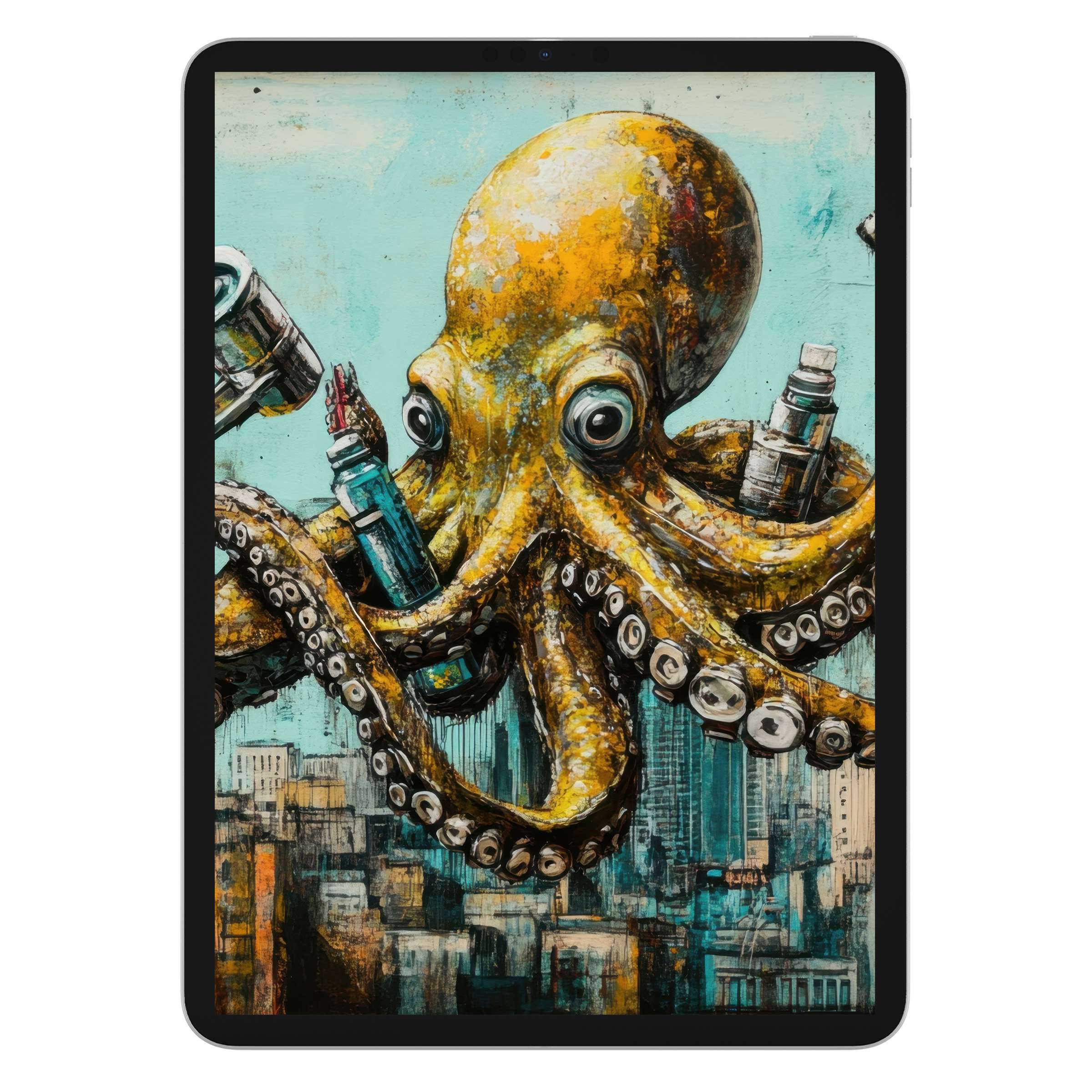 Street art iPad wallpaper showcasing a vibrant octopus with spray cans against an urban backdrop offers aesthetic digital download for tablet background