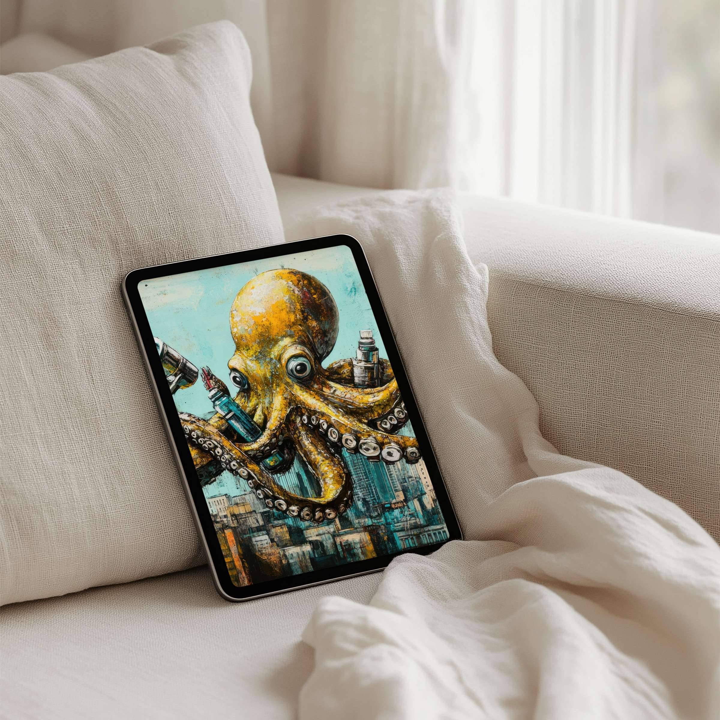 Elegant iPad background featuring a vibrant octopus cityscape promotes calm mindfulness fits Samsung Android tablets instant download