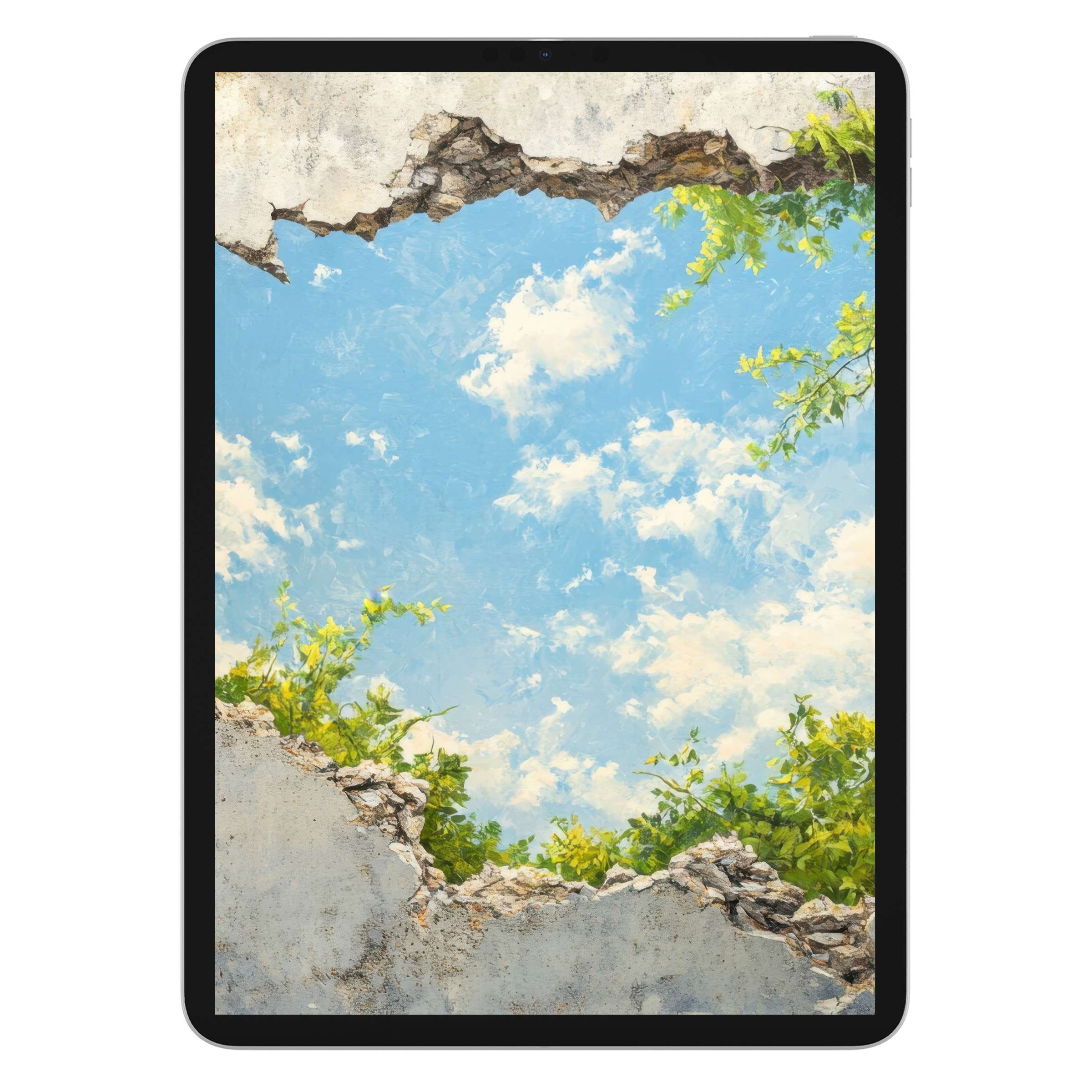 Street art iPad wallpaper features serene sky with clouds, cracked stone texture, greenery for elegant digital download tablet background