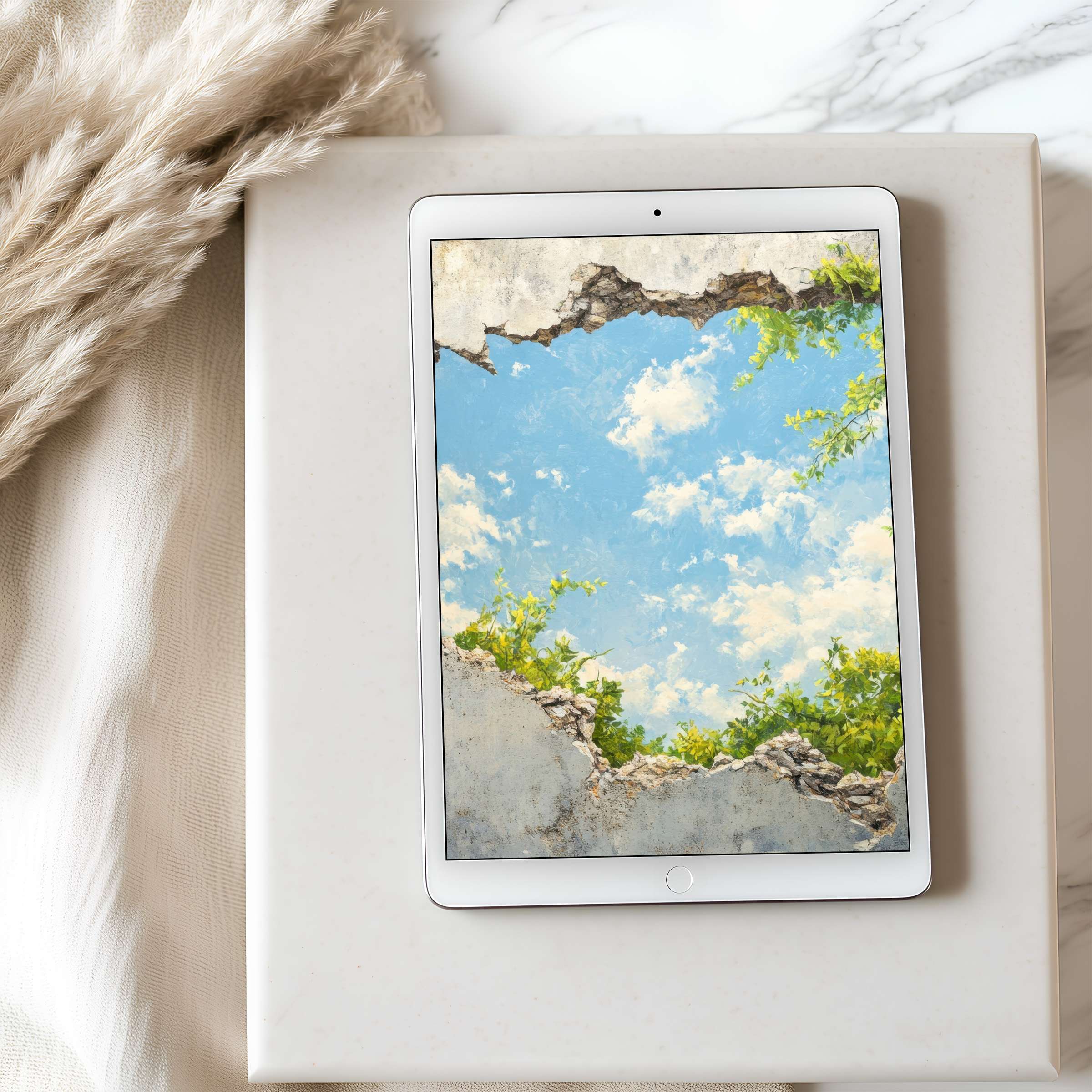 Elegant tablet wallpaper featuring a serene sky and lush greenery breaking through, perfect for high resolution digital download on iPad