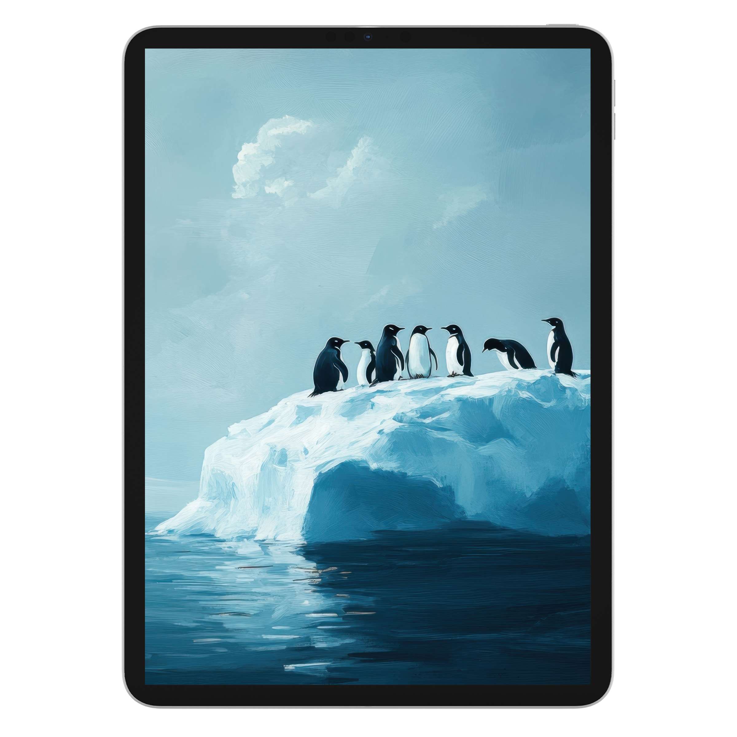Penguins on an icy blue shore offer an elegant street art iPad wallpaper for serene digital download, ideal for tablet backgrounds