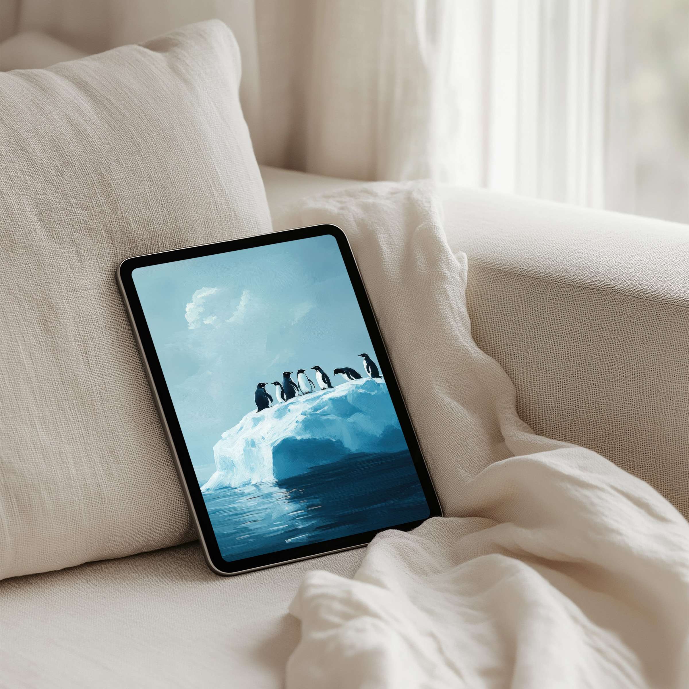 Serene iPad background featuring elegant penguins on an iceberg inspires calm elegance perfect for instant download on any tablet