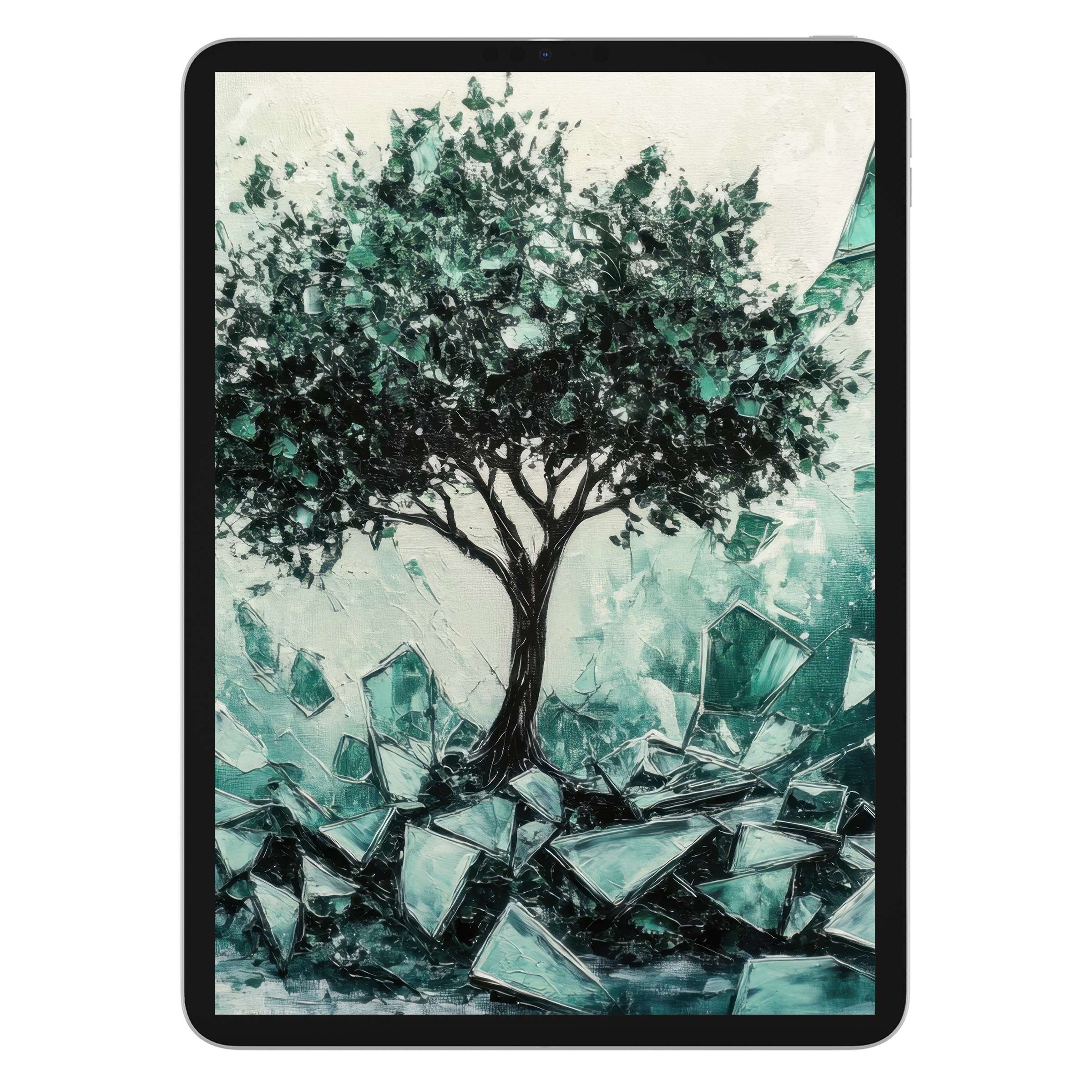 Elegant street art iPad wallpaper showcasing a serene tree with shattered glass, perfect for a tablet background digital download
