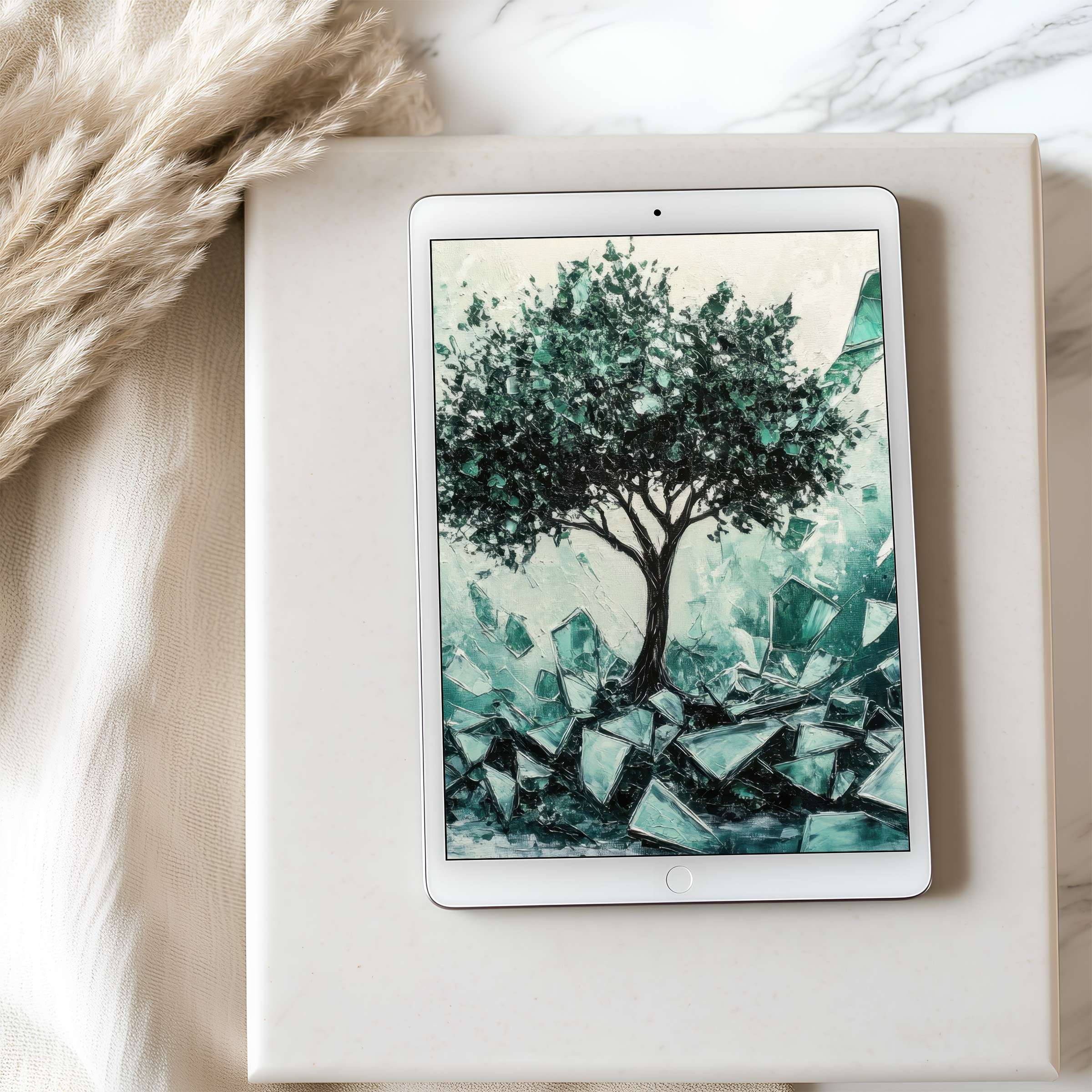 Elegant tree artwork on tablet wallpaper offers calming aesthetics for iPad and Android tablets in high resolution digital download
