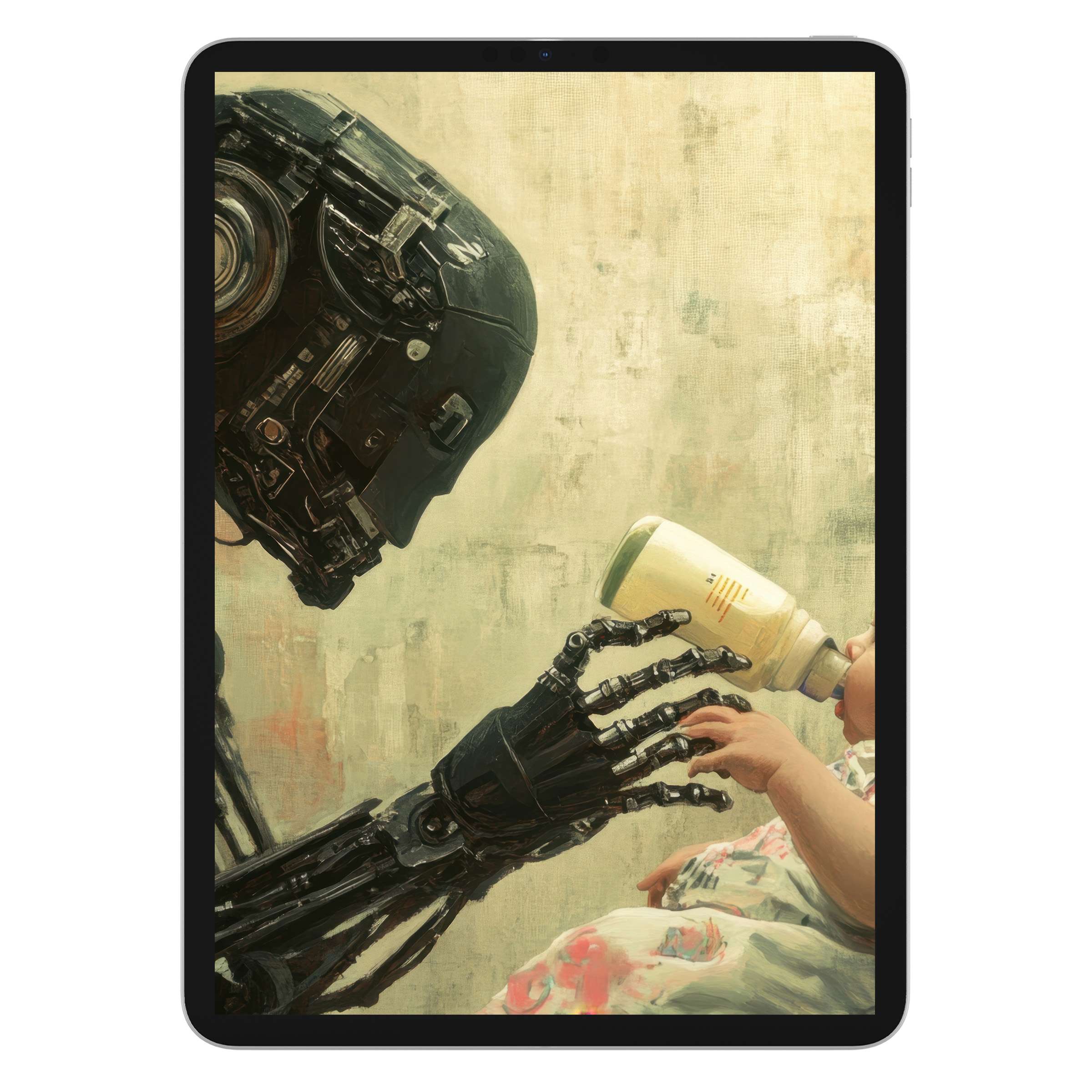 Street art iPad wallpaper featuring a robot tenderly feeding a baby, perfect as a digital download background for any tablet