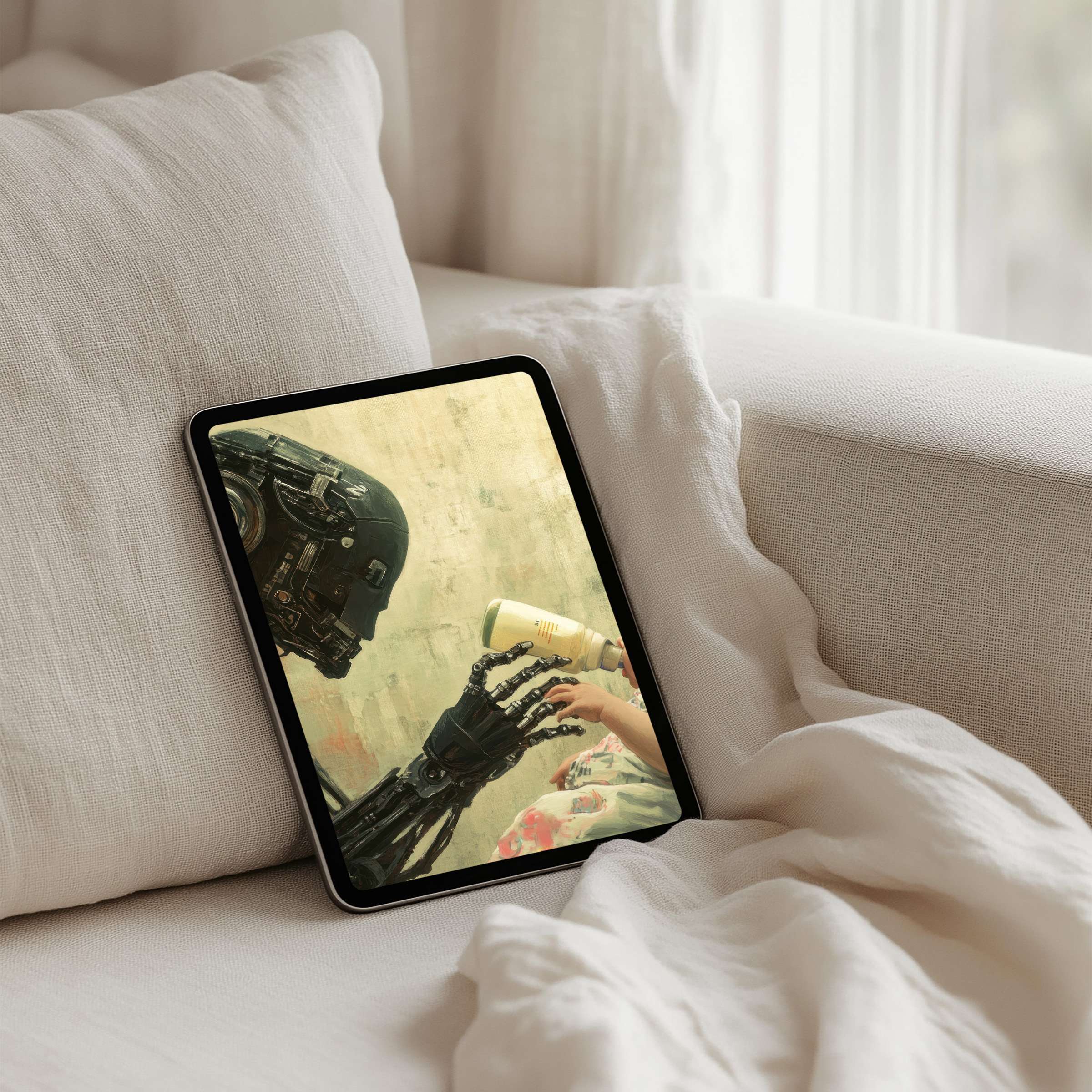 Calming iPad background featuring a robot hand bottle-feeding a baby, ideal for tablet screens, instant download for mindful elegance
