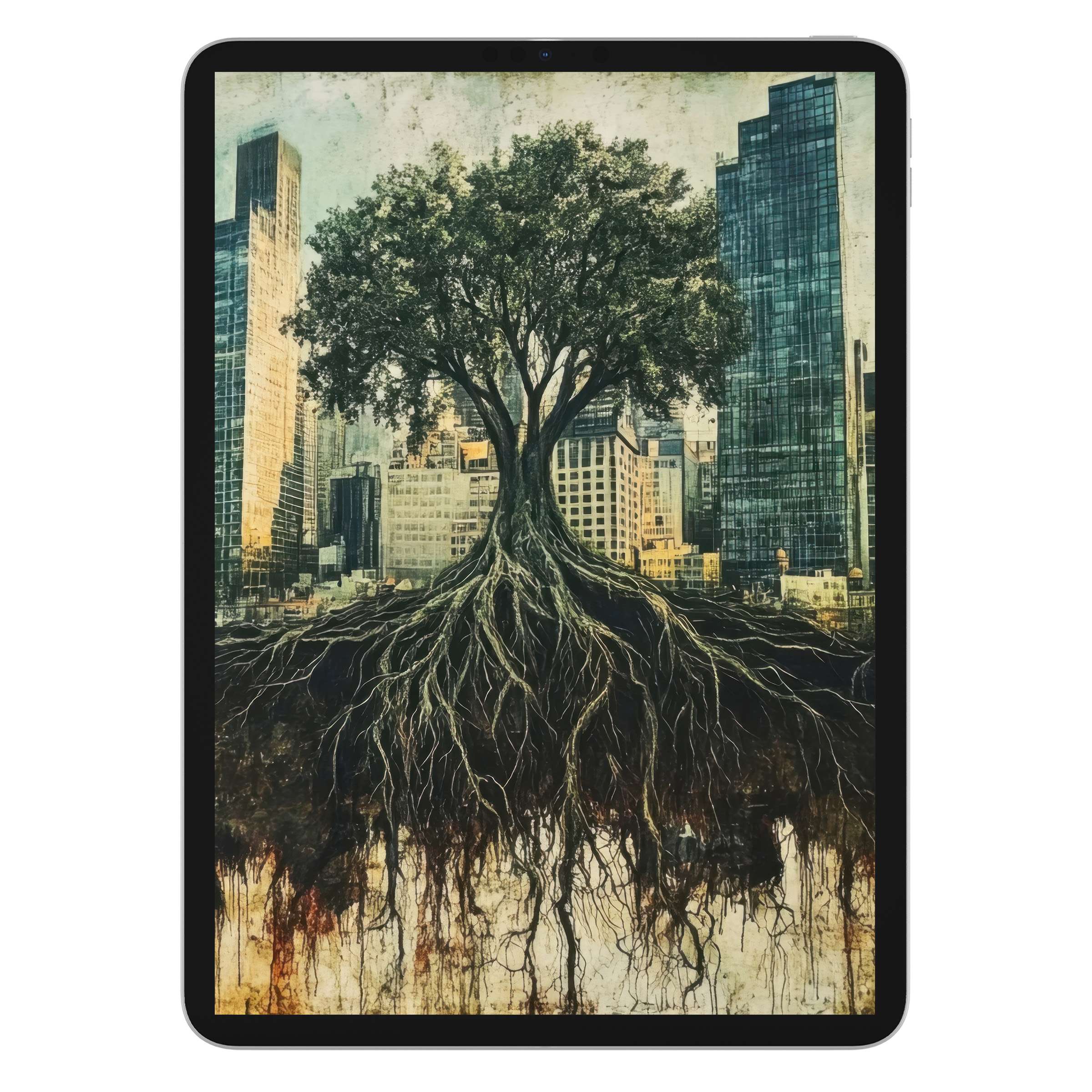 Street art iPad wallpaper featuring a majestic tree against urban skyline digital download for serene tablet background elegance