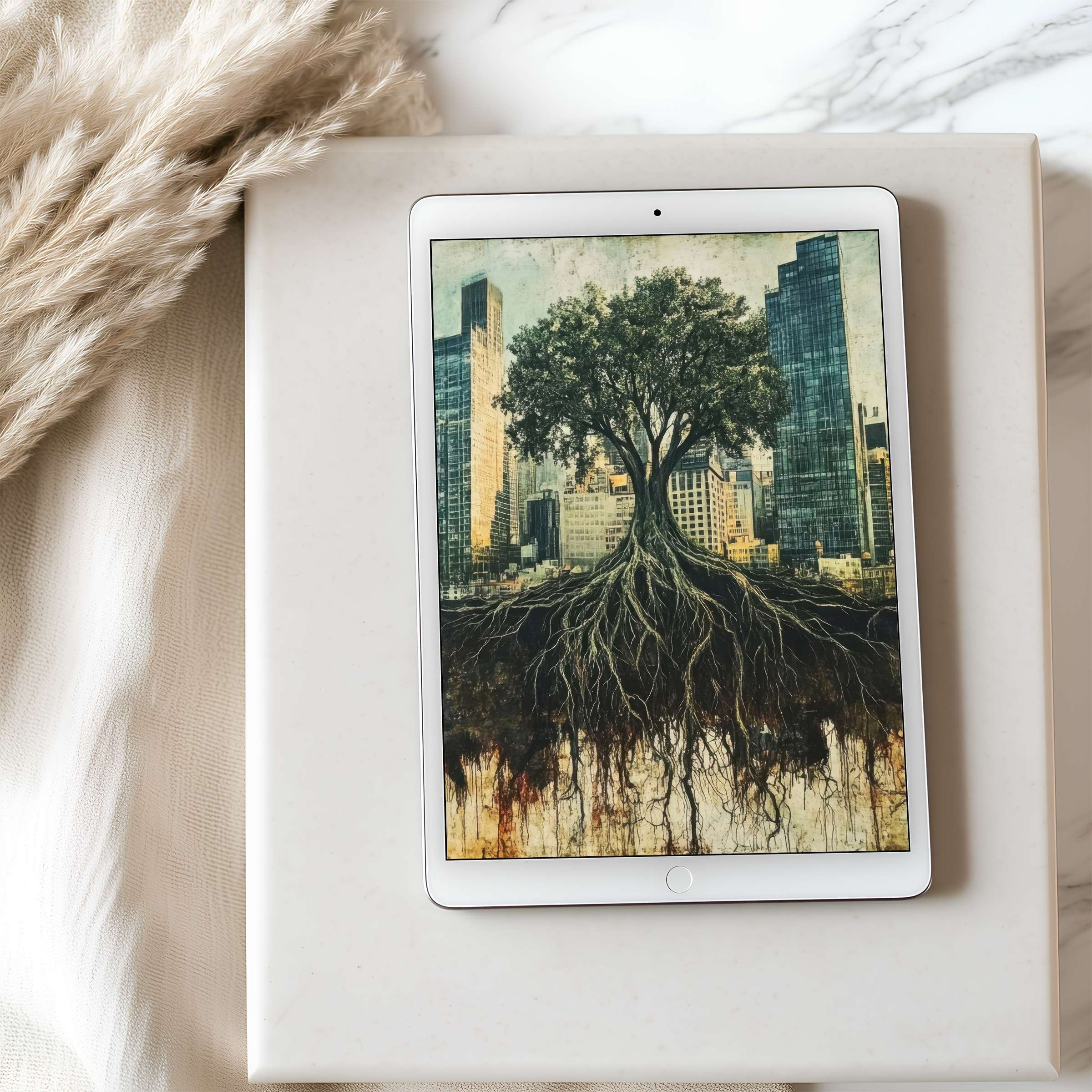 Elegant tablet wallpaper featuring a tree with roots amid skyscrapers, offering high resolution for iPad, Android digital downloads