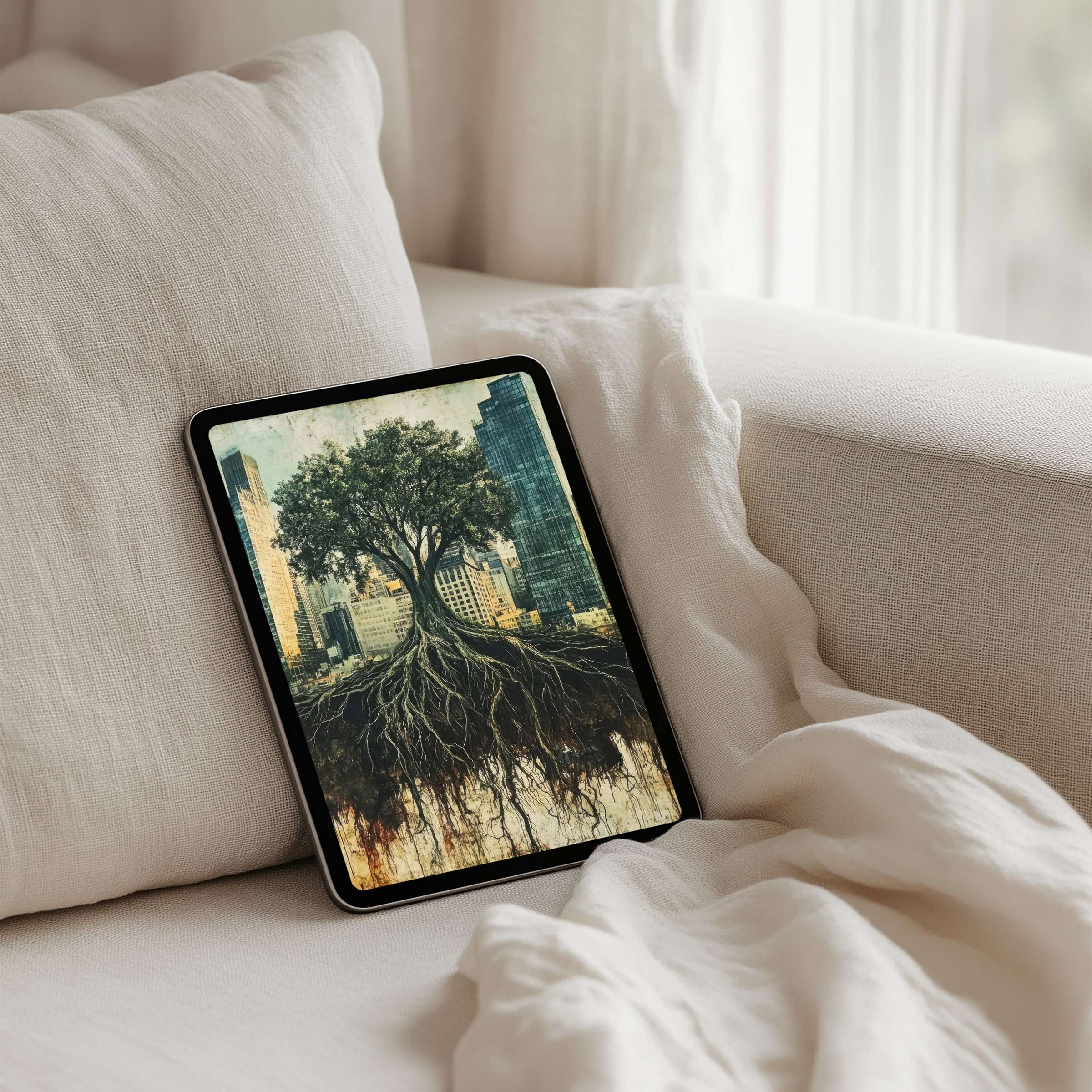 Elegant tree roots art iPad background offers calm and inspiration for design-conscious tablet users seeking instant download serenity