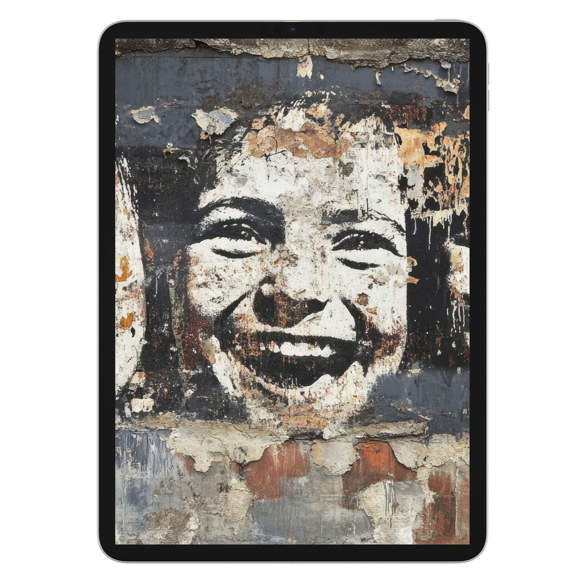 Street art iPad wallpaper featuring a joyful face with peeling textures, perfect digital download for tablet background elegance