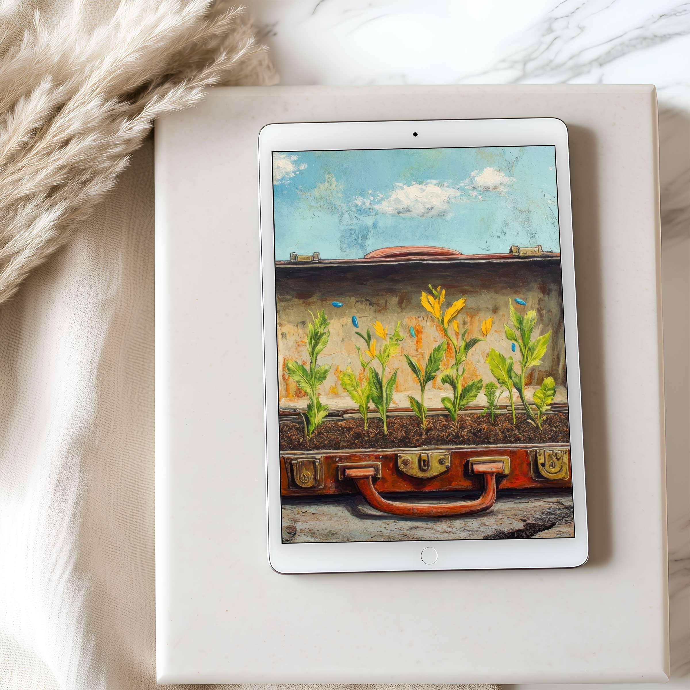 Elegant high resolution tablet wallpaper showcasing a whimsical painted suitcase garden, ideal for iPad, Android download, and serene decor