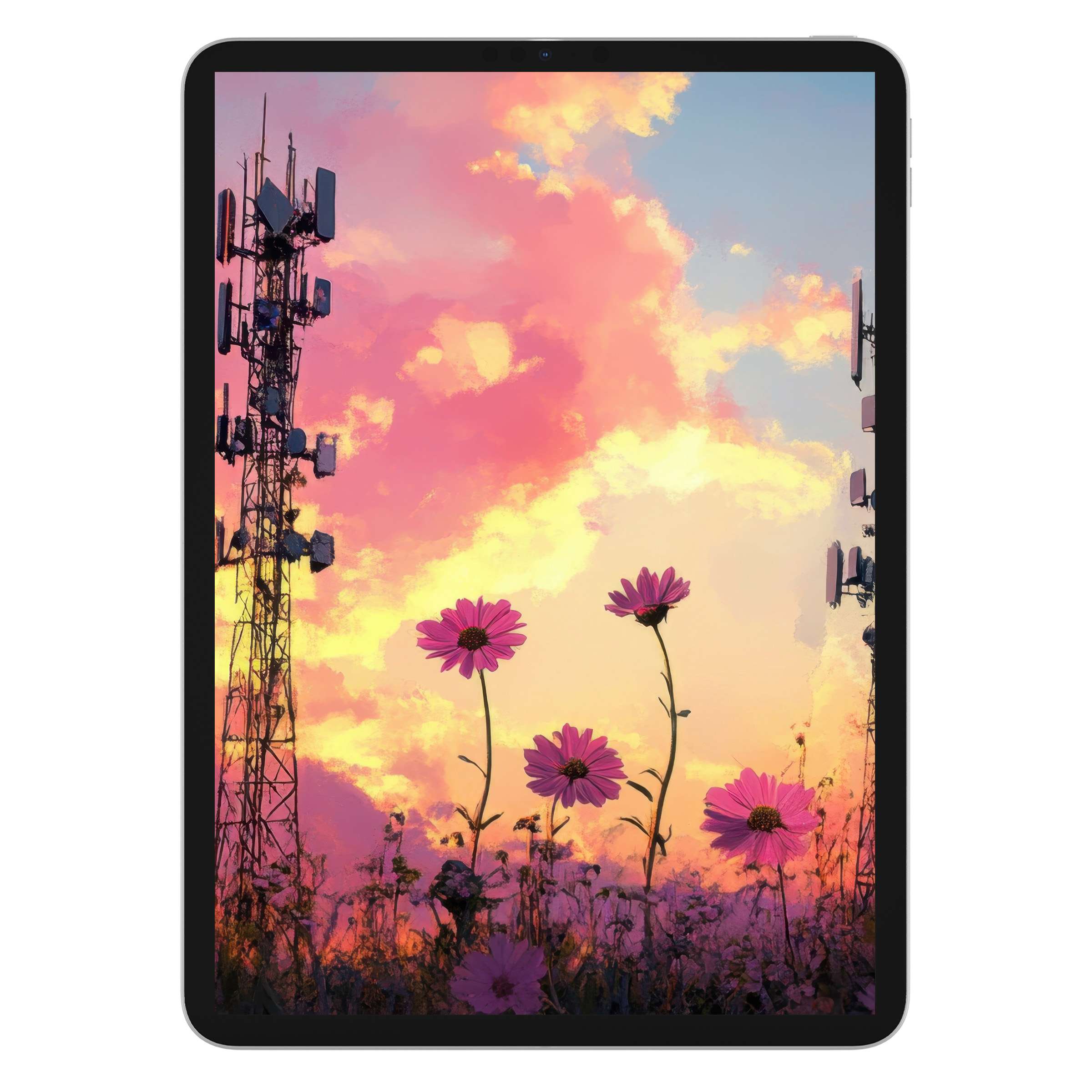 Vibrant street art iPad wallpaper with pink skies, flowers, and towers for serene digital download tablet background bliss