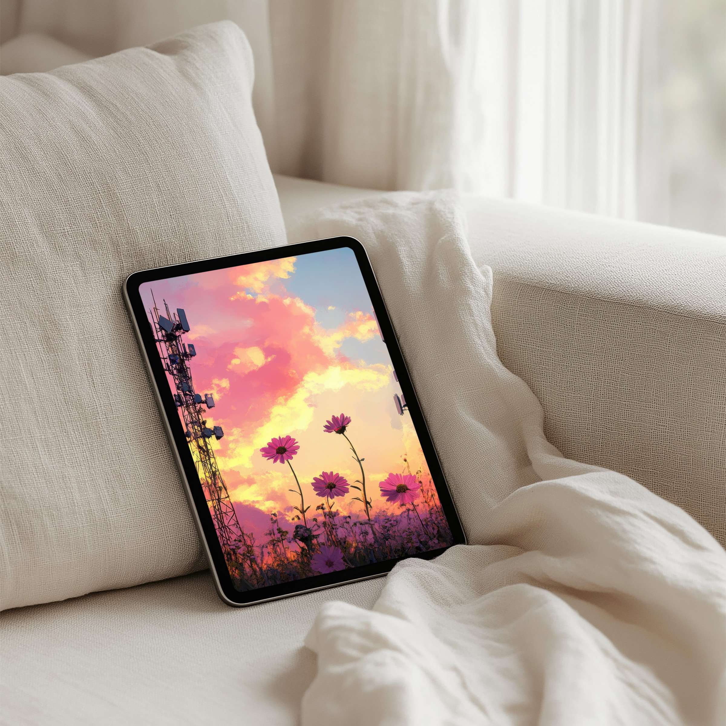 Tranquil iPad background with serene sunset and floral art offers instant download for tablet users seeking elegance and calm inspiration