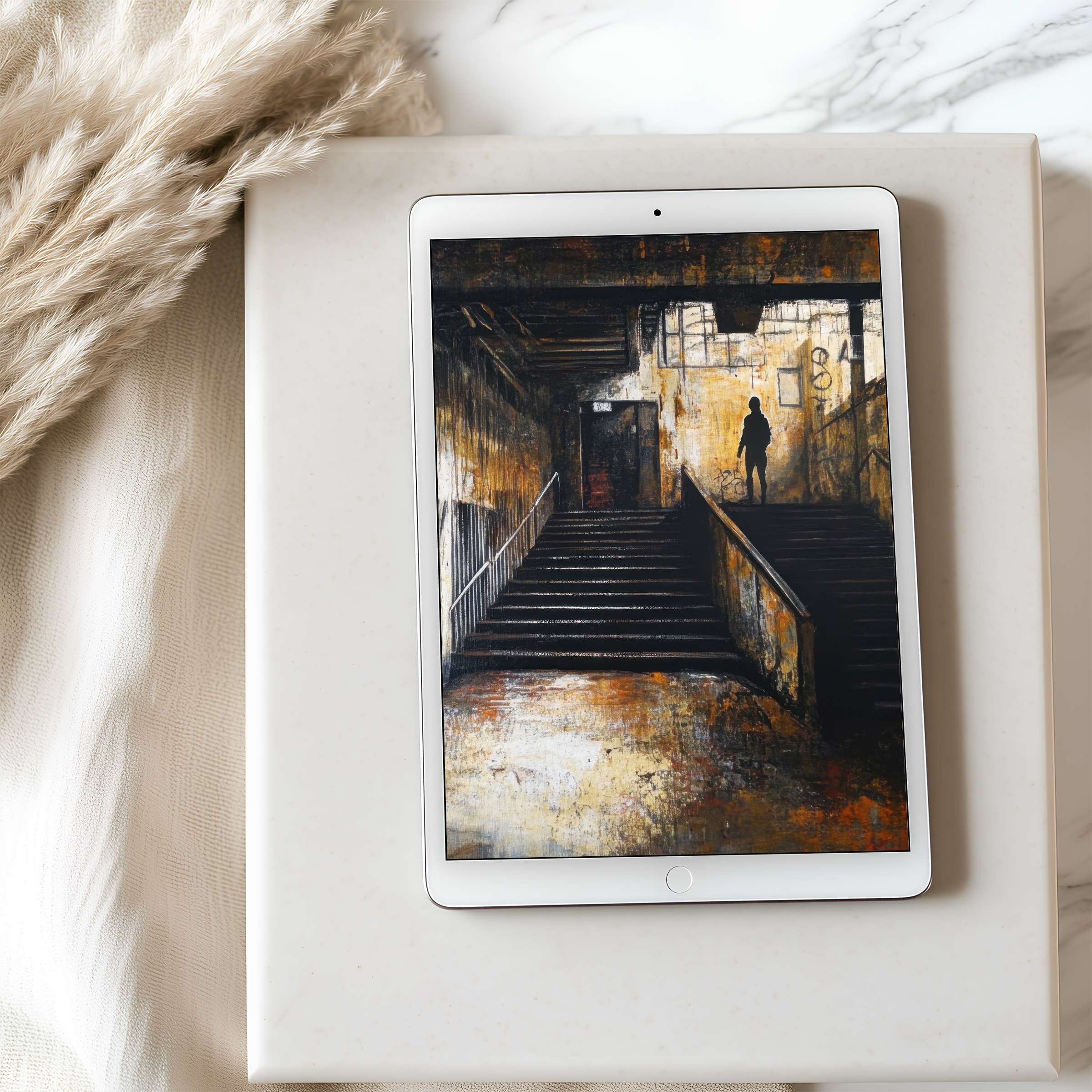 "Elegant high-resolution tablet wallpaper featuring moody urban stairway art, perfect for iPad or Android downloads, inspiring calm"