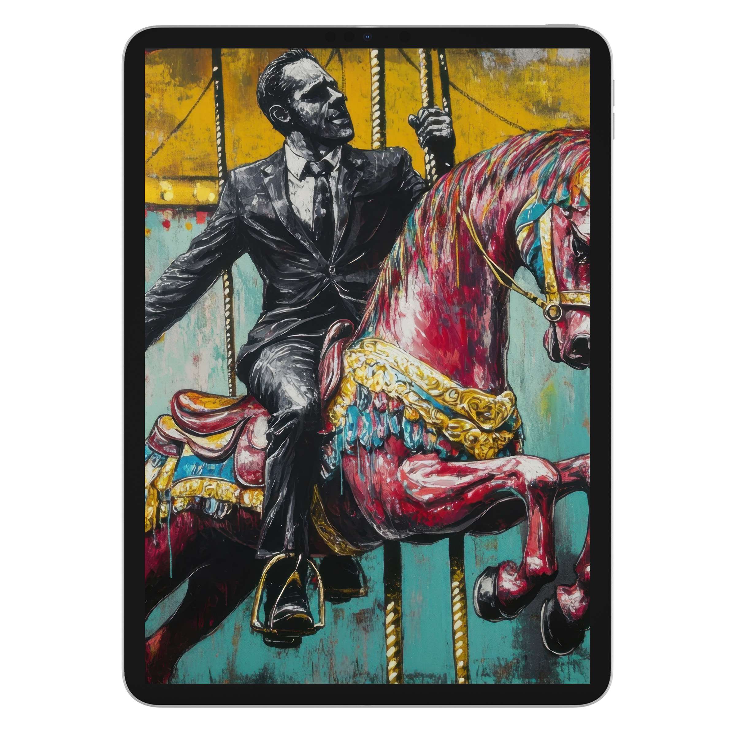 Street art iPad wallpaper with a vibrant carousel knight theme, ideal digital download for tablet background, Android compatible