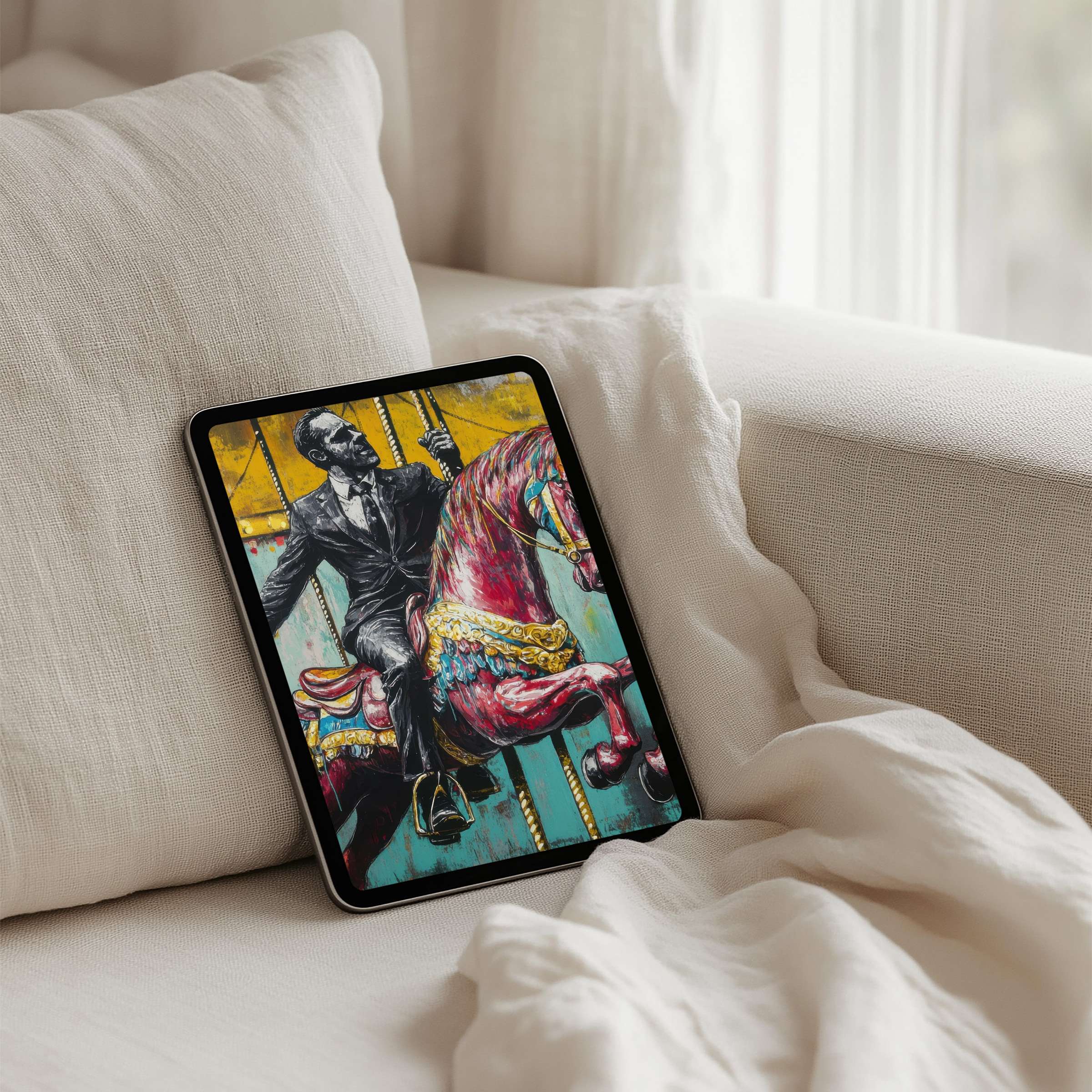 Elegant carousel art iPad background evokes calm inspiration, perfect for any tablet, offering instant download for mindful design lovers