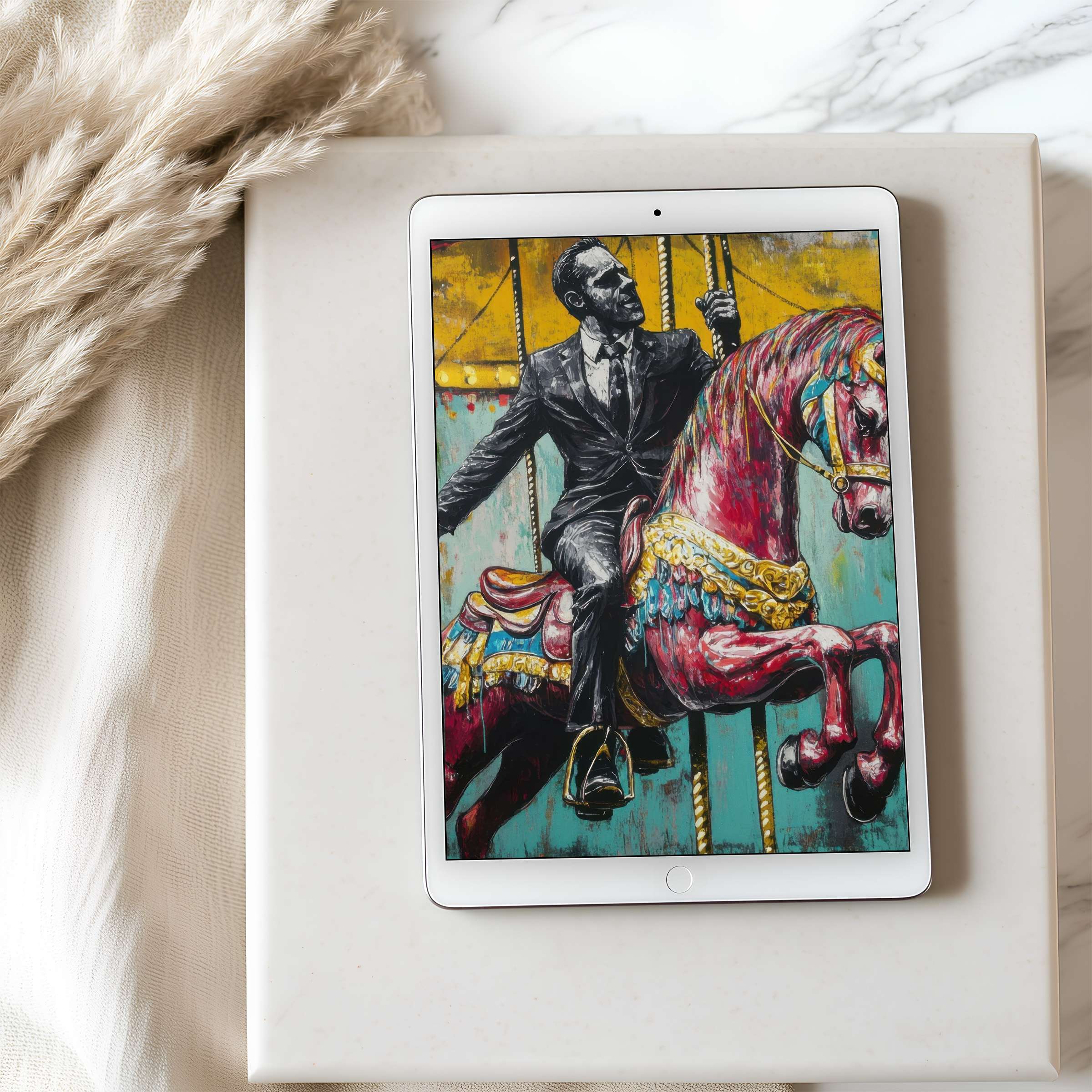 Elegant tablet wallpaper with a carousel motif in vivid colors set on marble and cloth background high resolution digital download