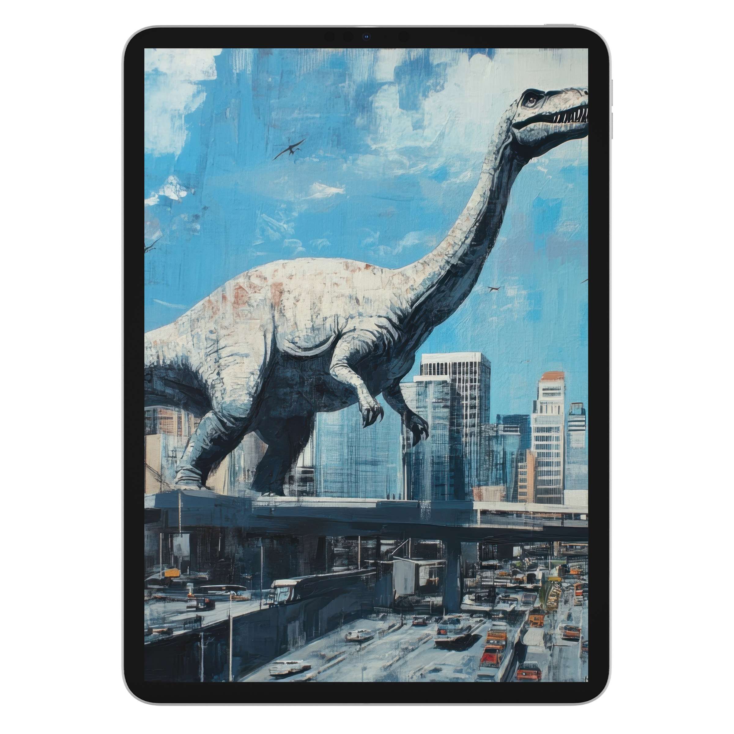 Majestic street art iPad wallpaper with a dinosaur cityscape in soothing blues, ideal for digital download on tablet background