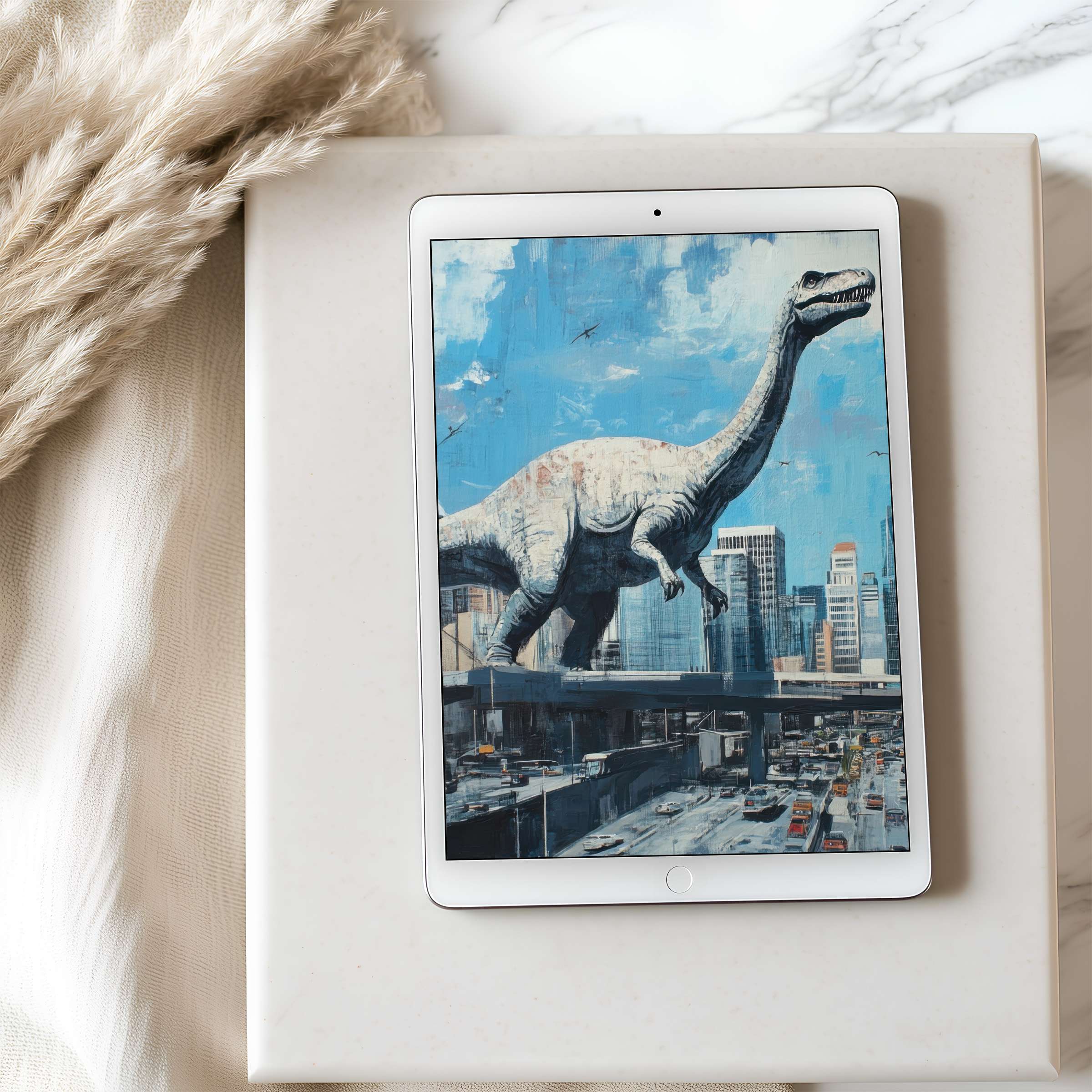 Elegant tablet wallpaper showcasing a majestic dinosaur over a cityscape in calming blues set against a chic, minimalist interior suitable for iPad and Android tablets
