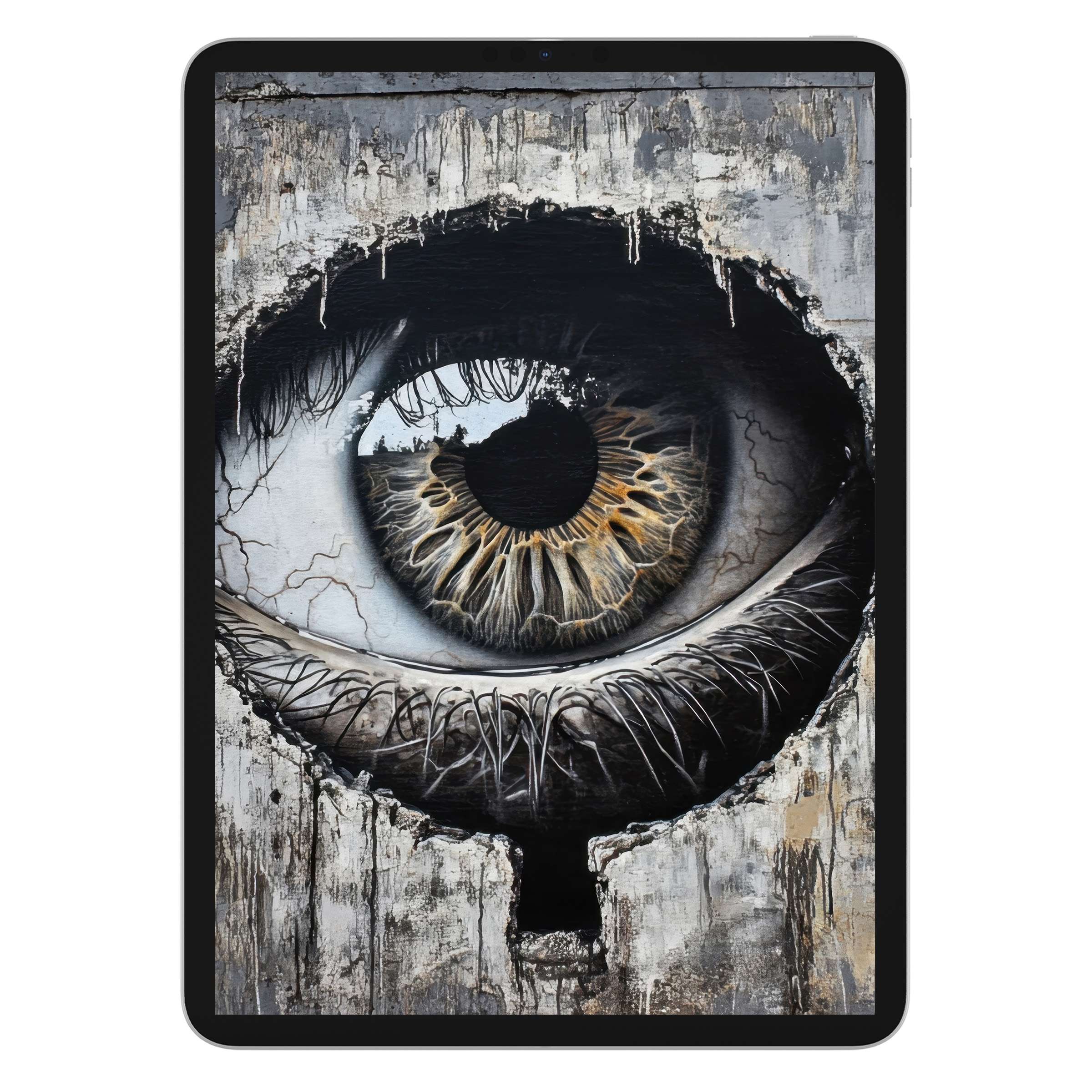 Street art iPad wallpaper featuring a striking eye on a textured wall background, ideal digital download for any tablet device