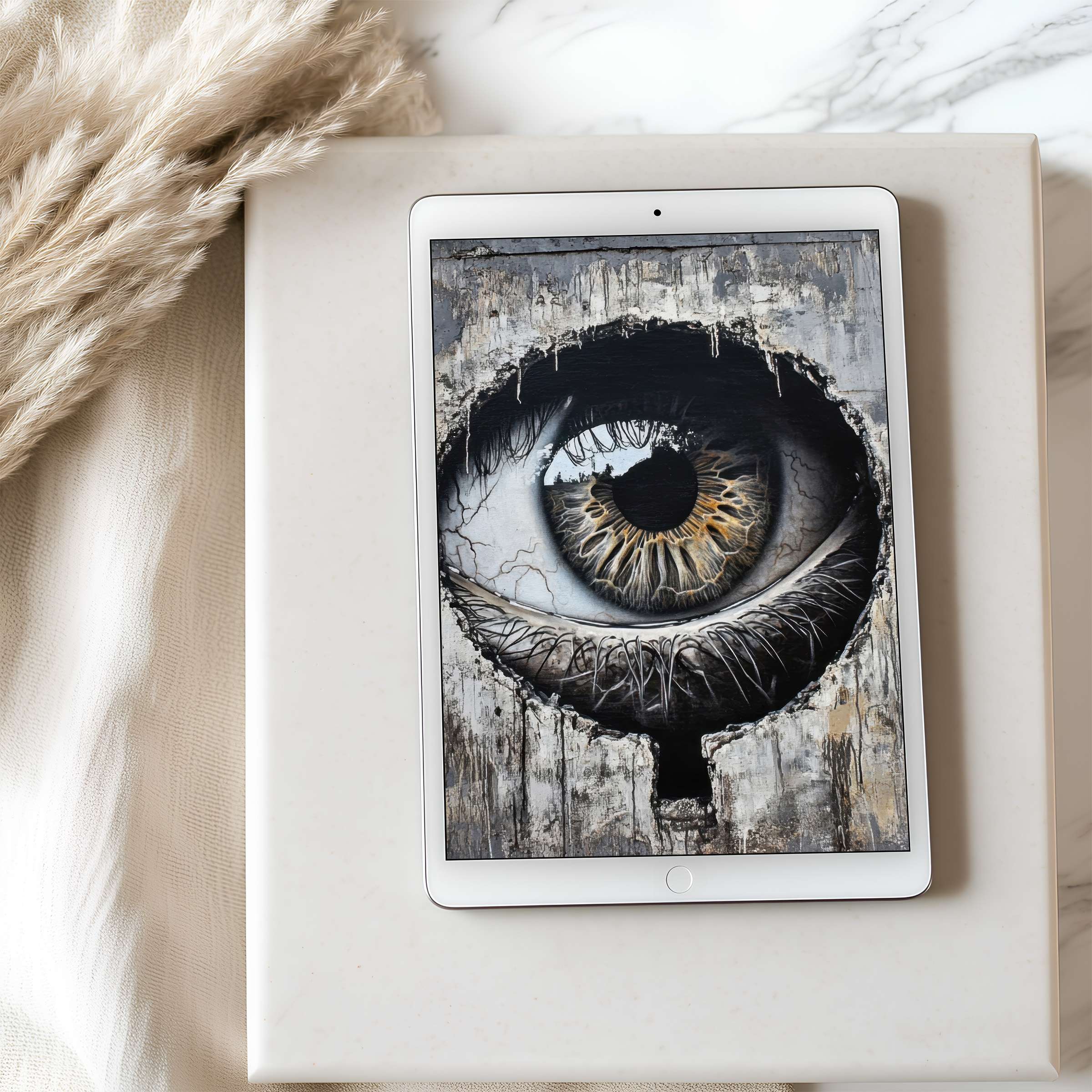 Curated high resolution tablet wallpaper featuring a striking eye design on an iPad, perfect for calming digital downloads