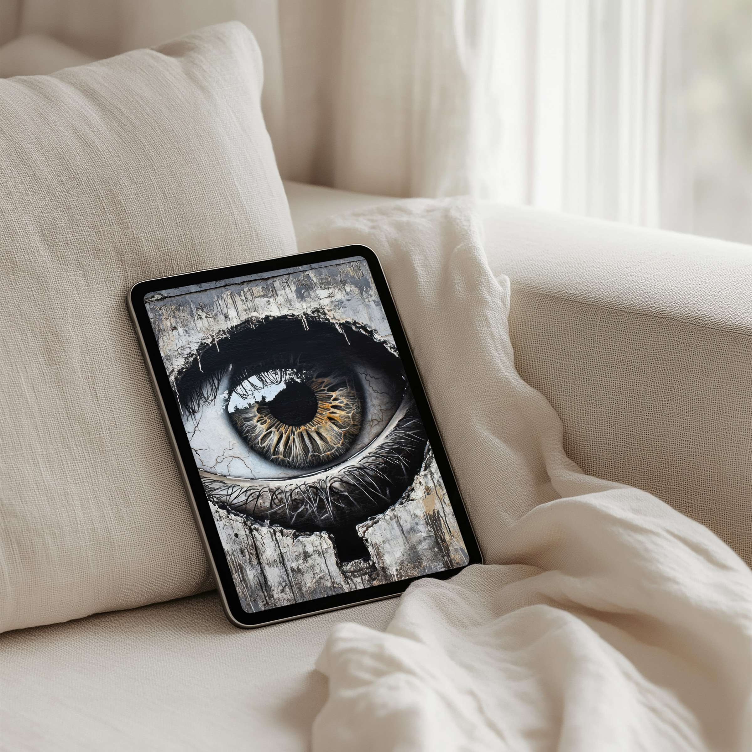 Calm and elegant iPad background featuring a detailed eye, perfectly fits any tablet, mindfulness-inspired instant download art