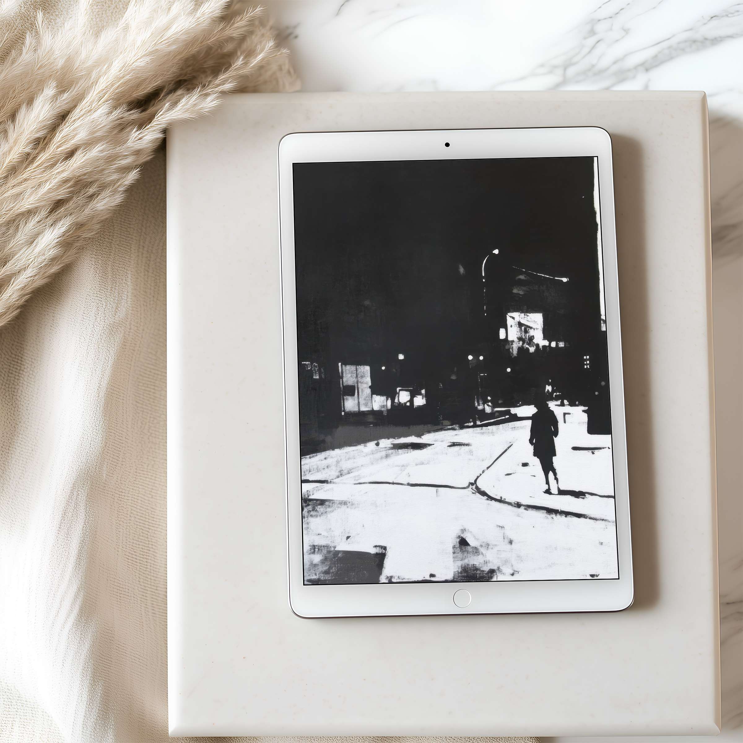 Black-and-white urban night scene tablet wallpaper for iPad with elegant, high-resolution art enhances serene, sustainable interiors