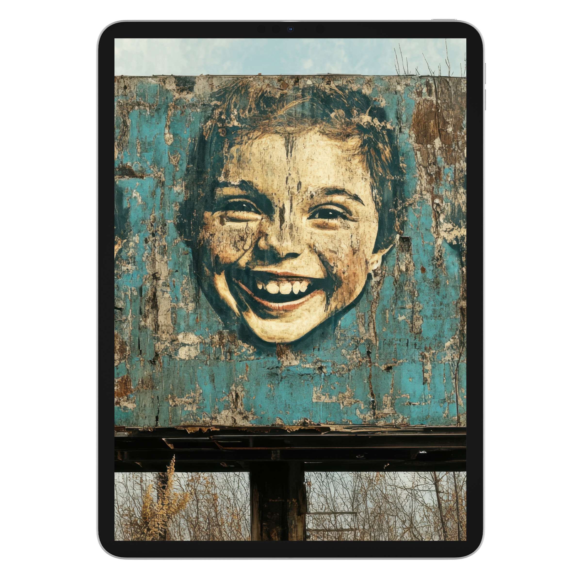 Smiling child on a rustic teal mural creates an uplifting street art iPad wallpaper digital download for calming, stylish tablet backgrounds