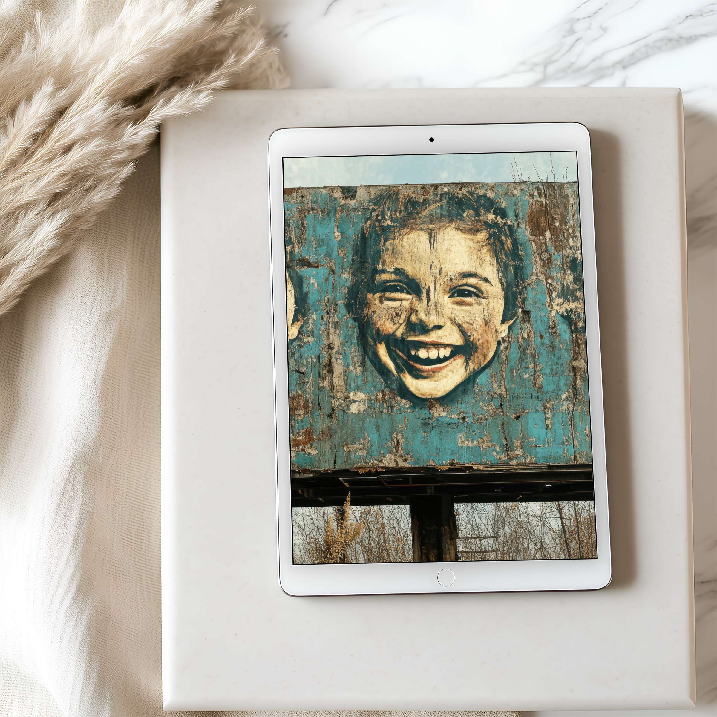 Smiling child artwork on tablet wallpaper evokes joy and nostalgia Perfect for iPad high resolution downloads, enhancing serene spaces