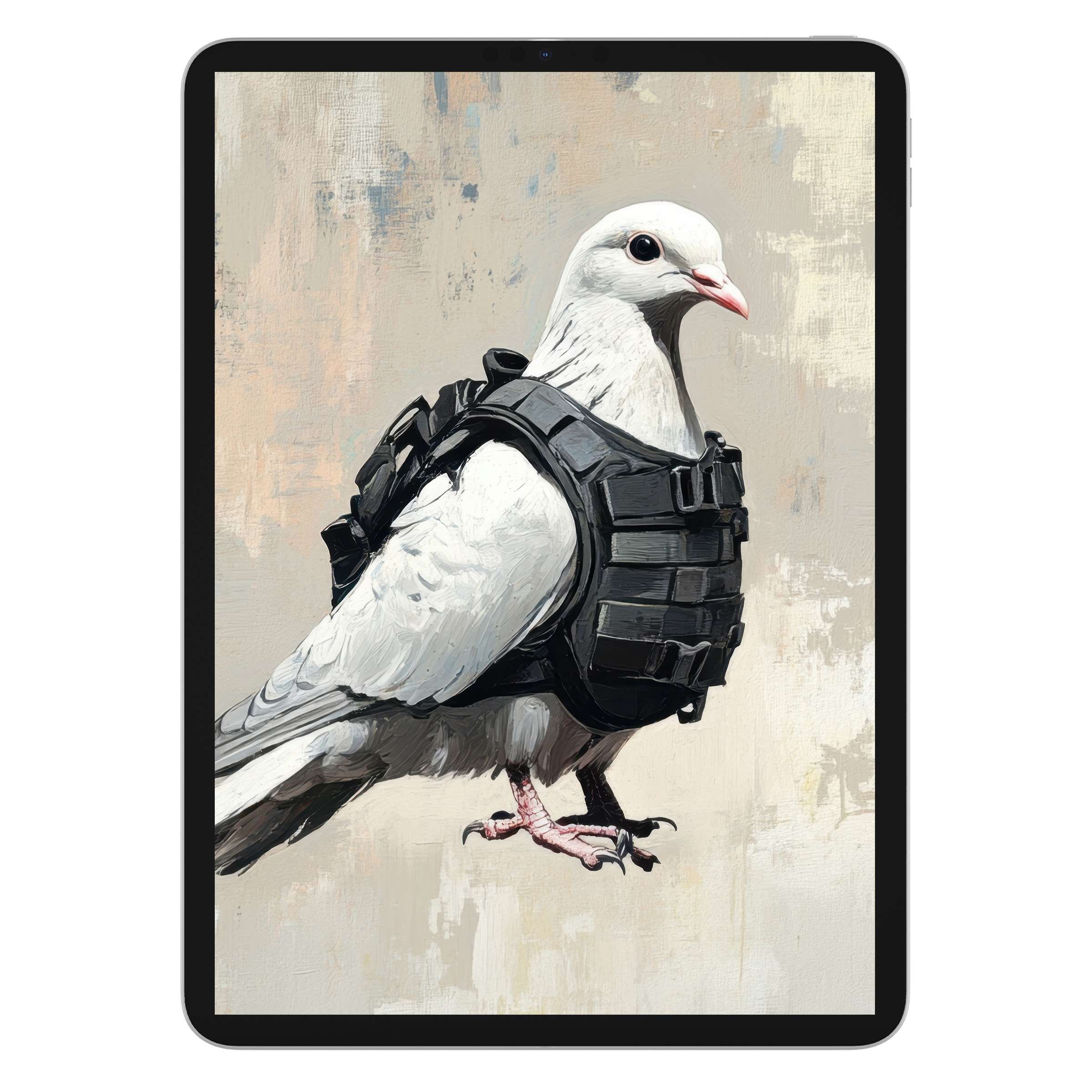 Street art iPad wallpaper featuring a serene white bird in a dark vest against a textured abstract background digital download for tablets