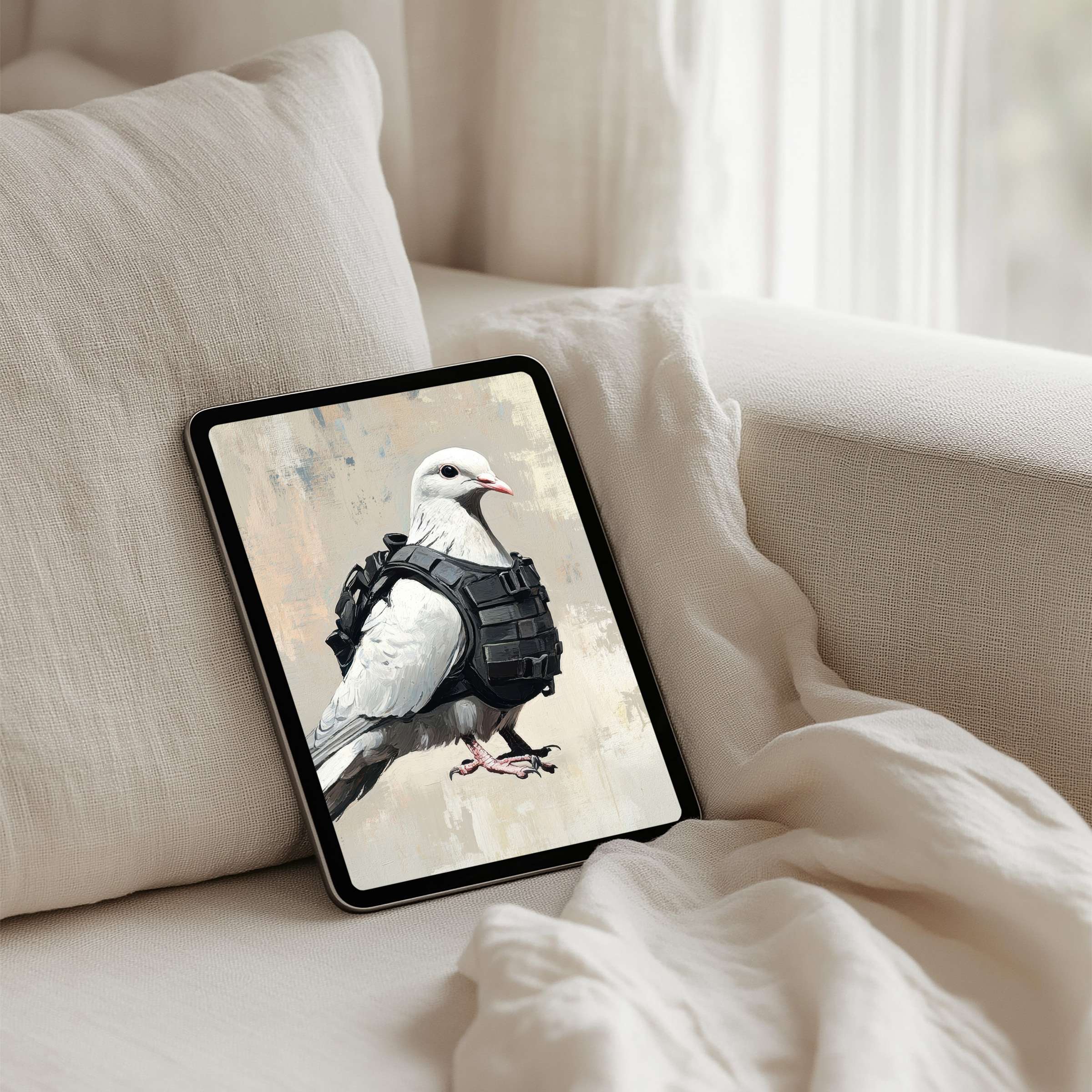Calming art of a dove in armor offers elegance for your iPad background ideal for tablet use and instant download