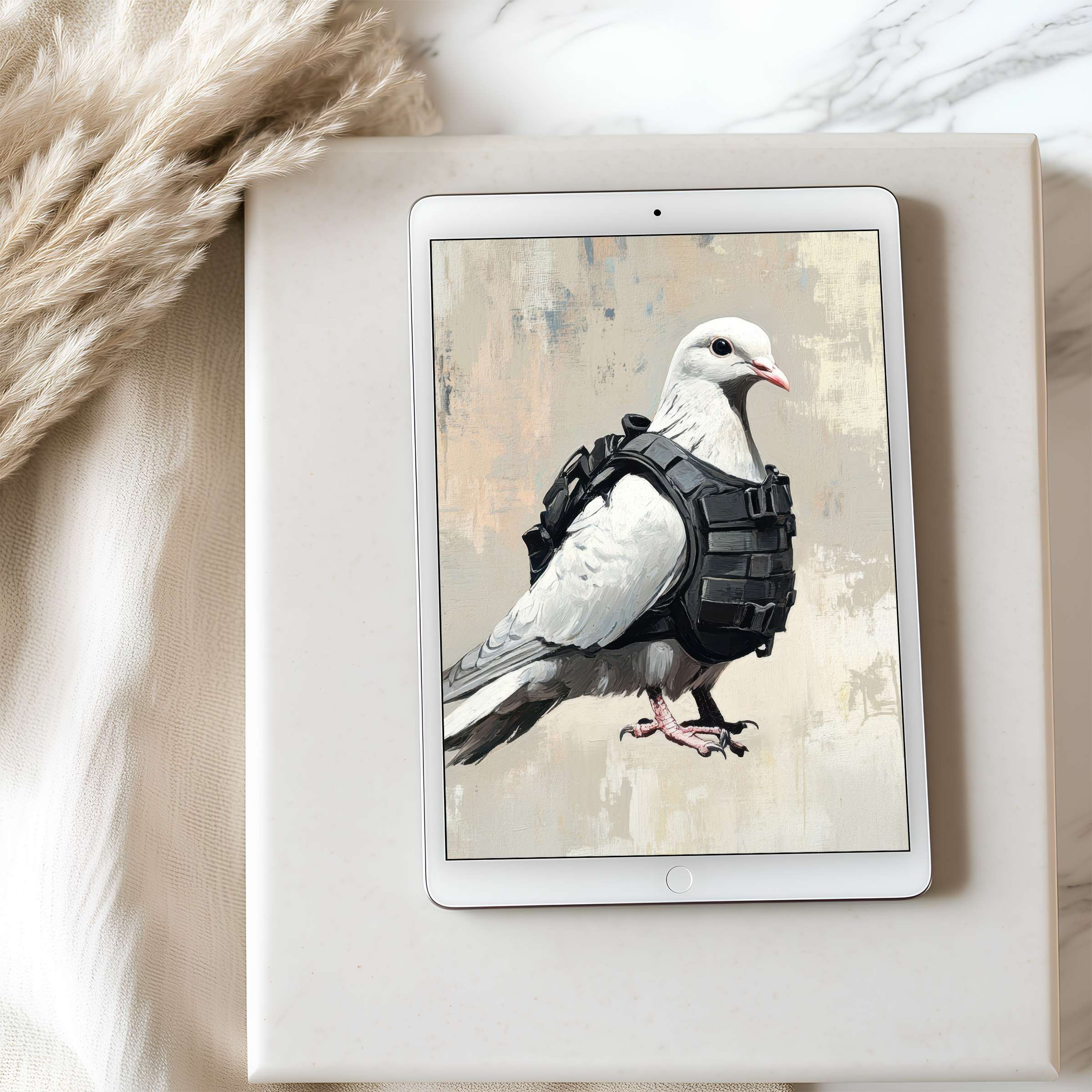 Elegant tablet wallpaper featuring a white dove in sleek armor against an abstract backdrop ideal for high-resolution iPad download