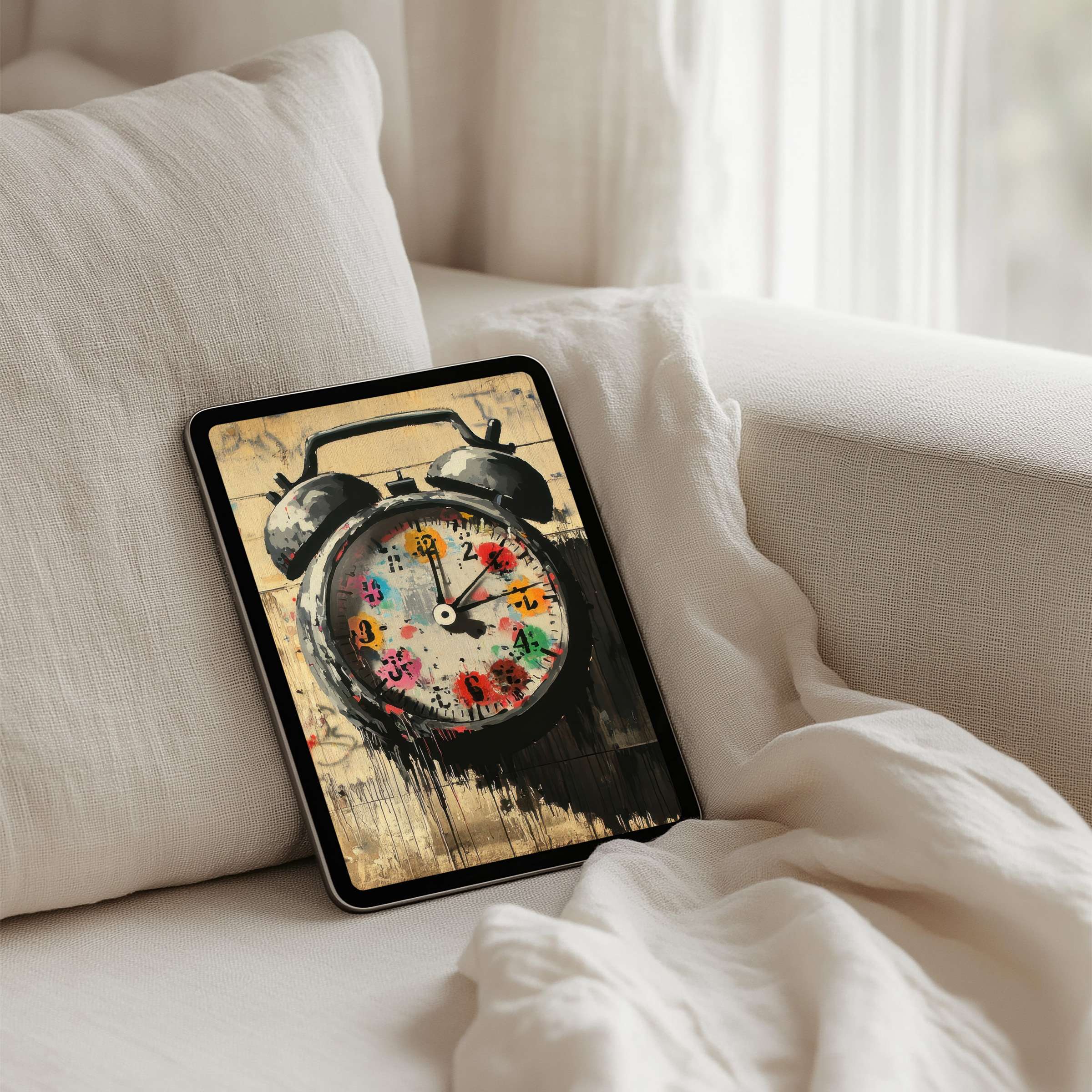 Elegant iPad background with colorful clock art evokes calm and inspiration perfect for tablet instant download and mindfulness