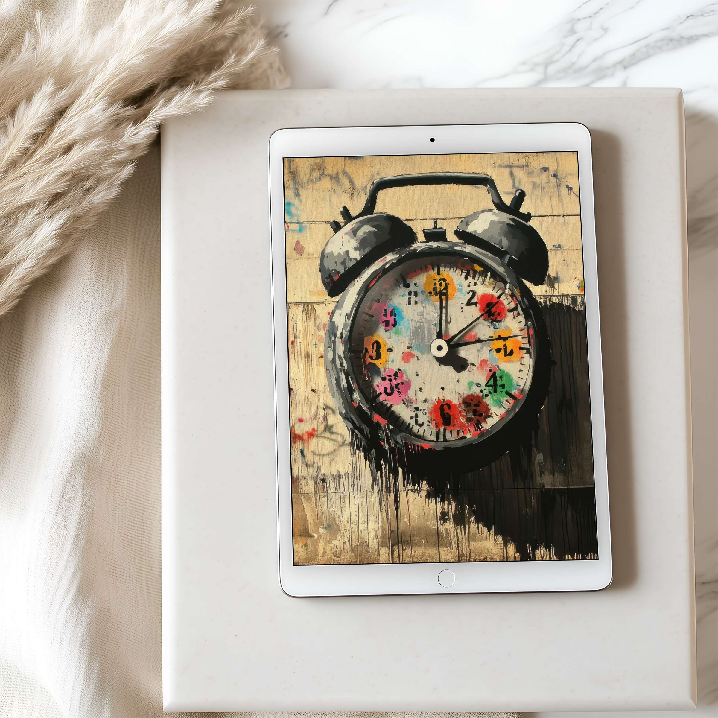 Colorful clock graffiti tablet wallpaper in high resolution, perfect for iPad and Android tablets, offering digital serenity download