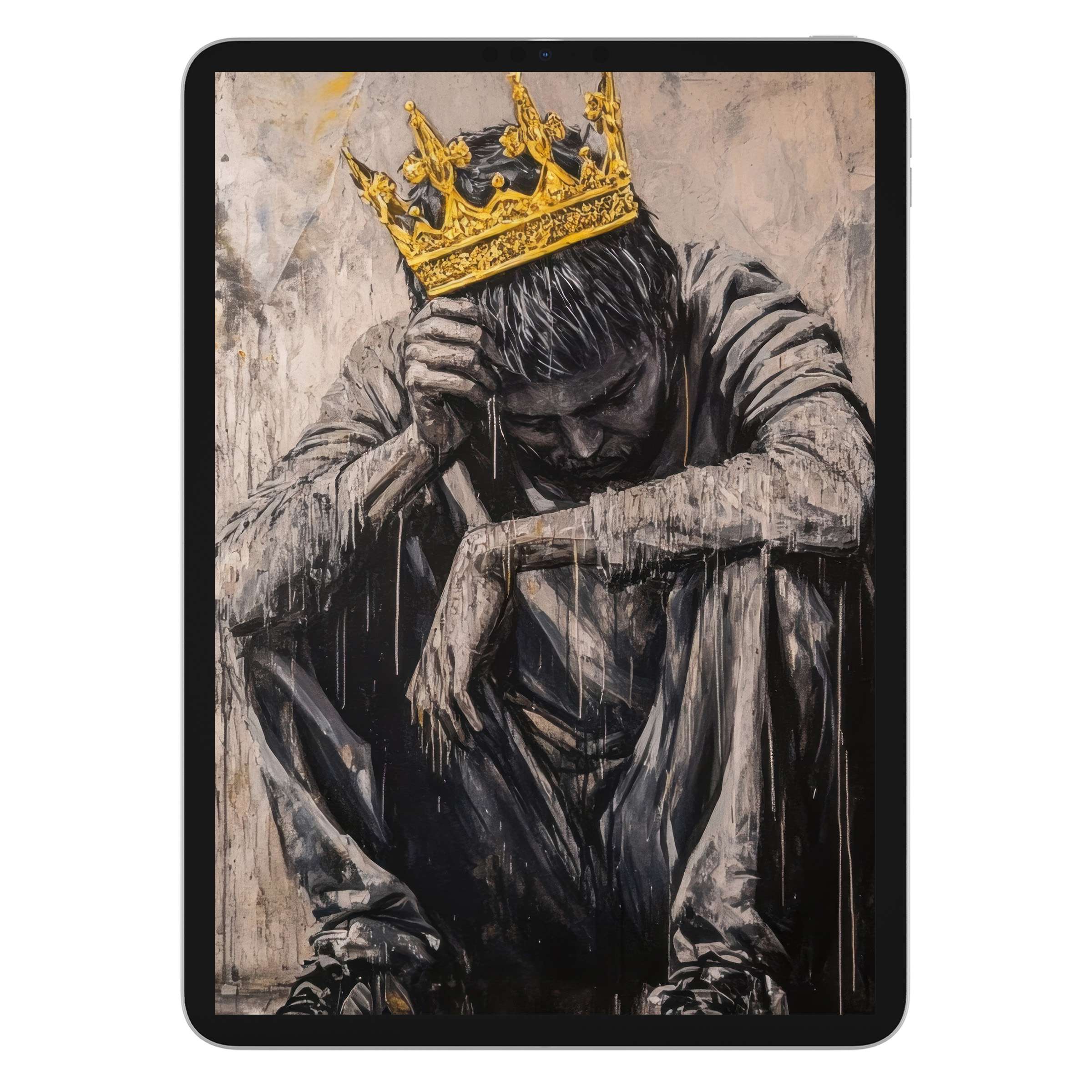 Expressive street art iPad wallpaper shows a reflective figure with a gold crown, perfect digital download for tablet background artistry
