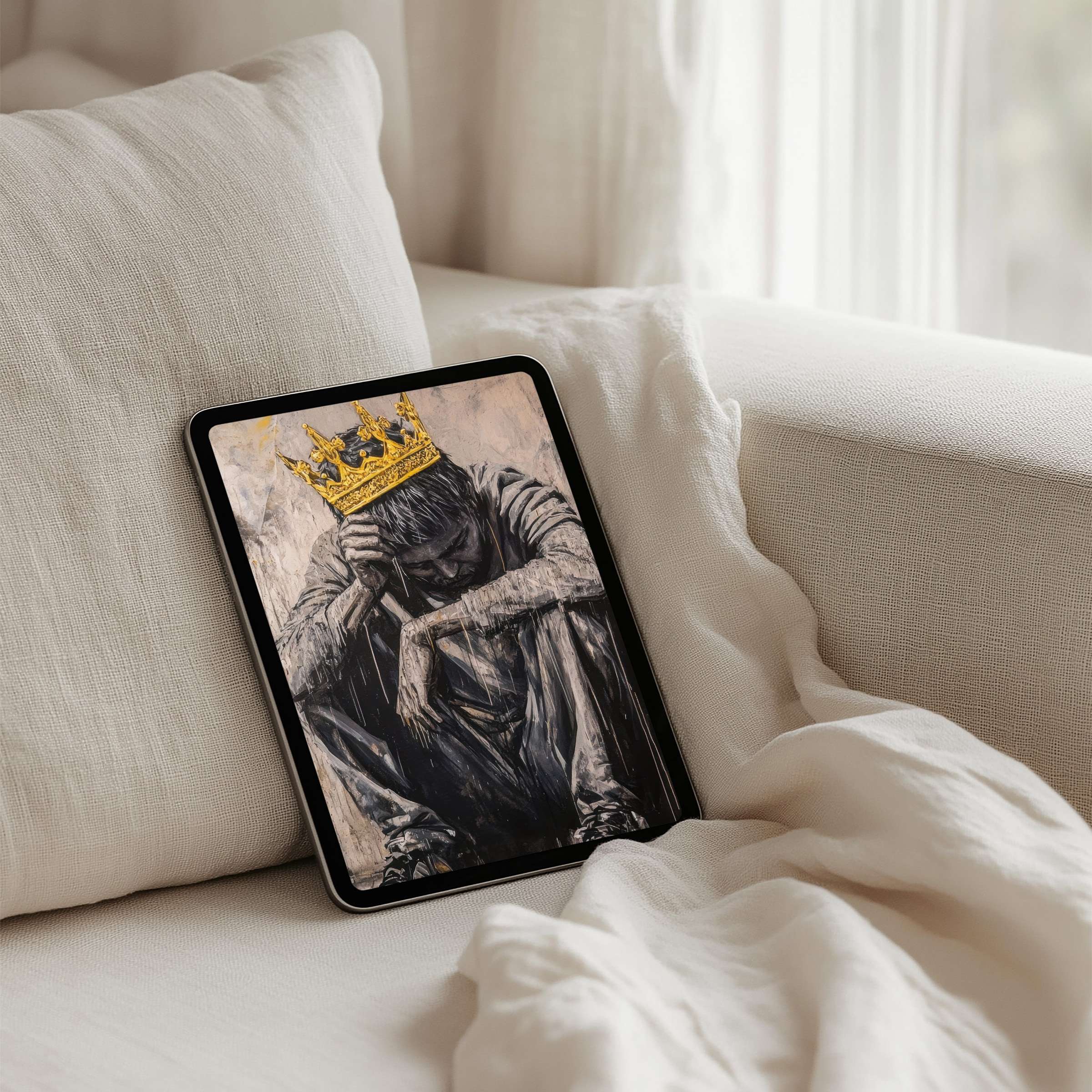 Elegant iPad background featuring a contemplative figure in grayscale with a golden crown, ideal for tablet users seeking instant download tranquility